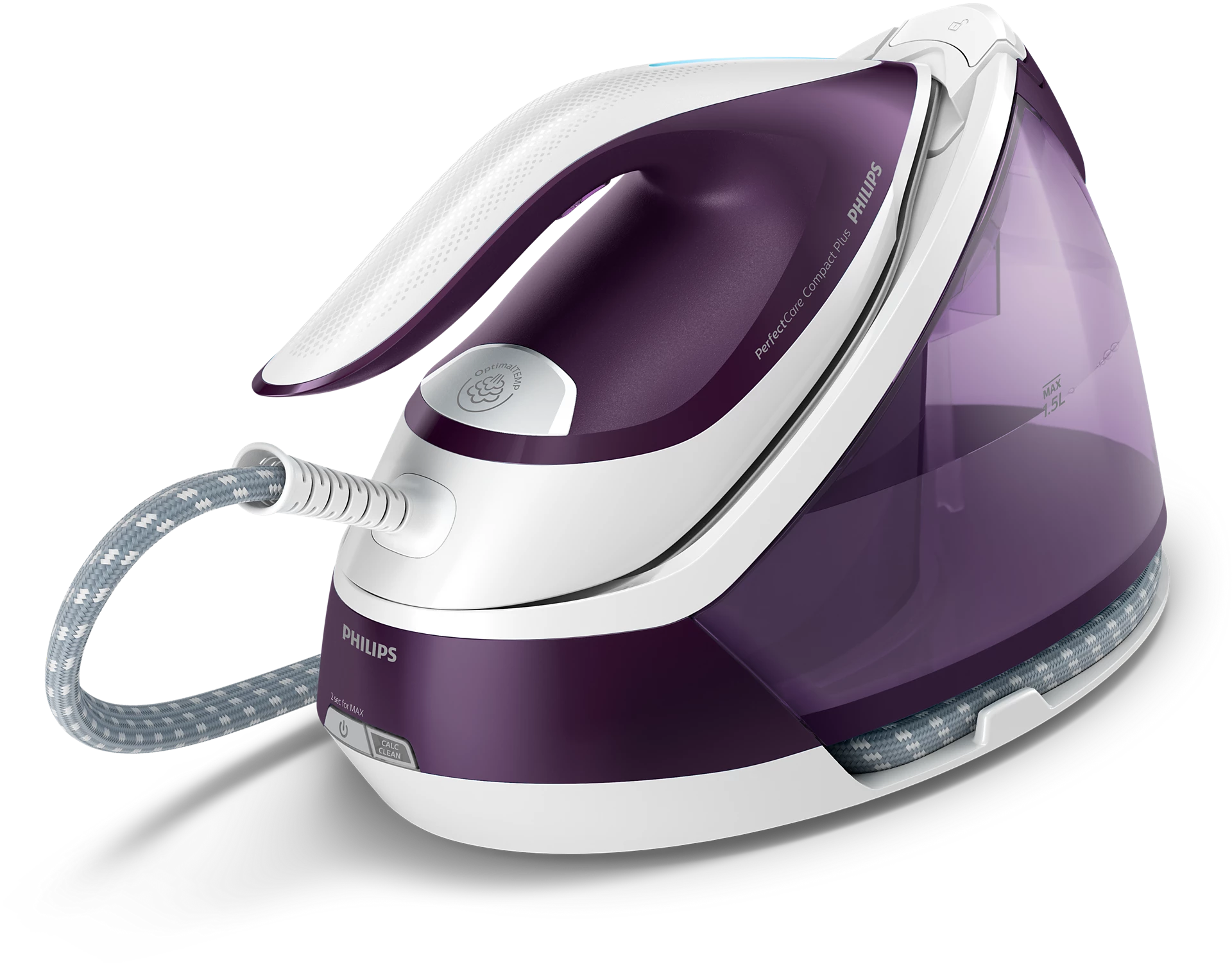 Fioletowe i białe żelazko. Żelazko parowe ze zbiornikiem na wodę. Białe tło.