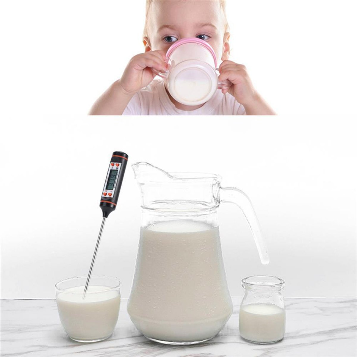 Ein Baby trinkt Milch aus einer Flasche. Ein Glaskrug und zwei Gläser mit Milch werden gezeigt.