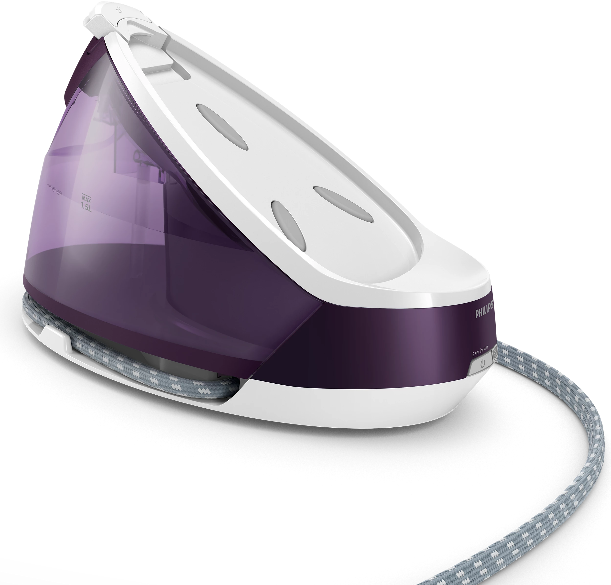 Biało-fioletowe żelazko parowe Philips z kablem, zbiornik na wodę widoczny po lewej.