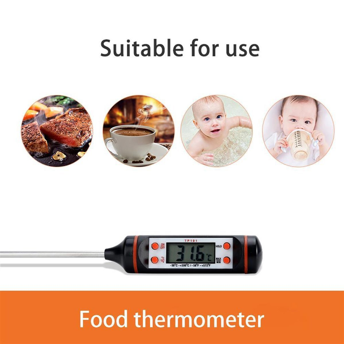 Lebensmittelthermometer mit Bildern von Essen, Kaffee, Baby und Babyflasche. Das Thermometer zeigt Daten.