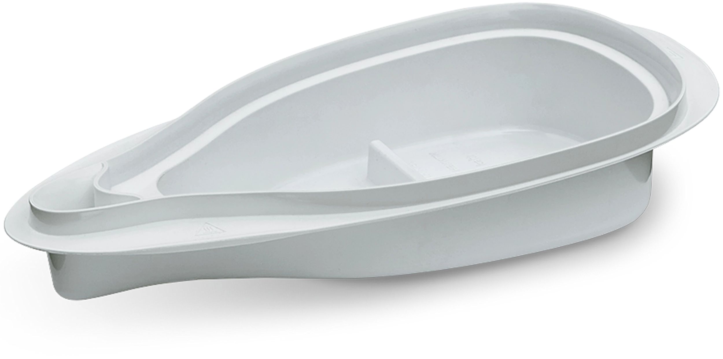 Biała plastikowa wanienka dla dziecka, owalna, z podwyższonymi krawędziami i centralnym przegrodą.