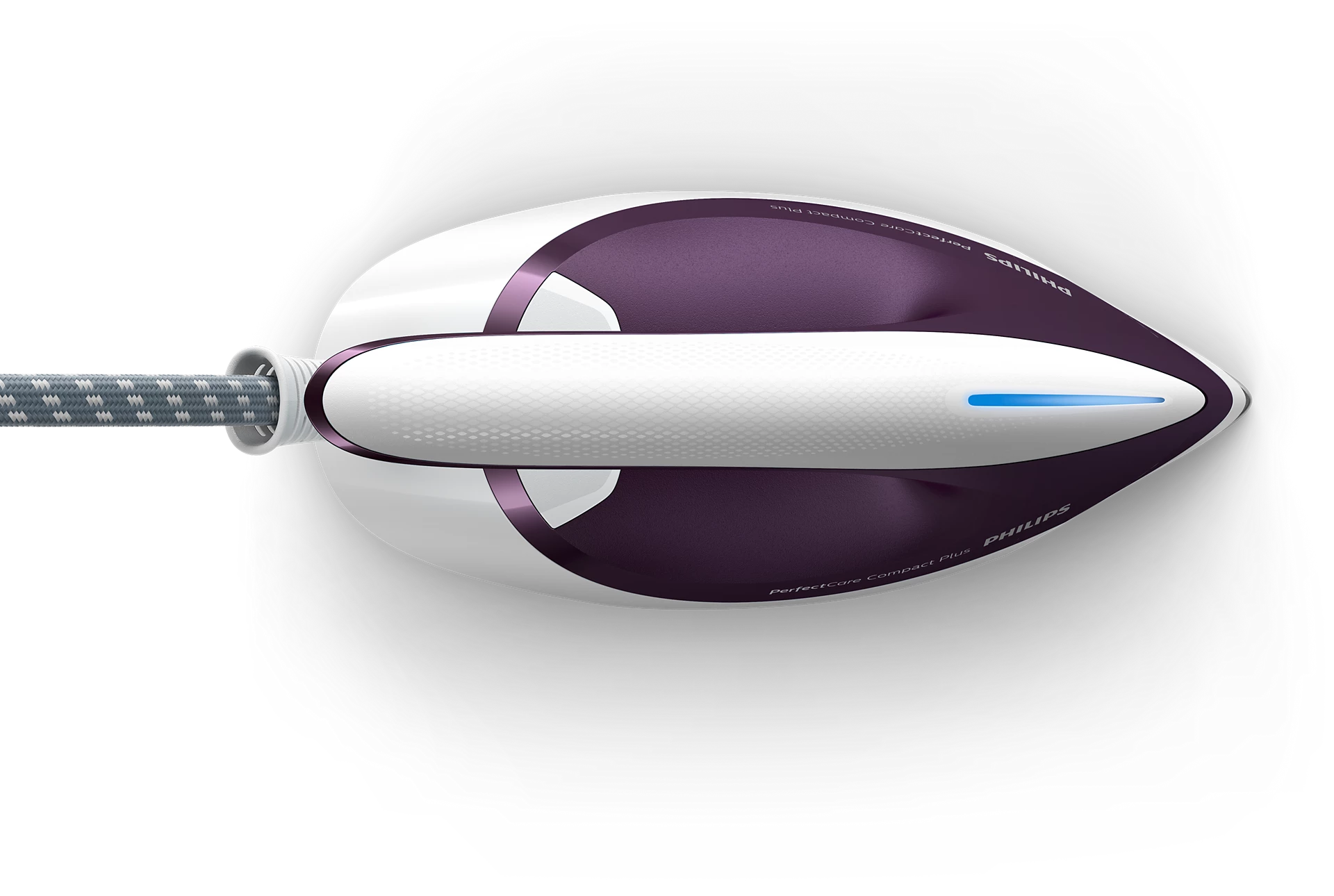 Białe i fioletowe żelazko, widok z góry. Uchwyt ma niebieskie światło.