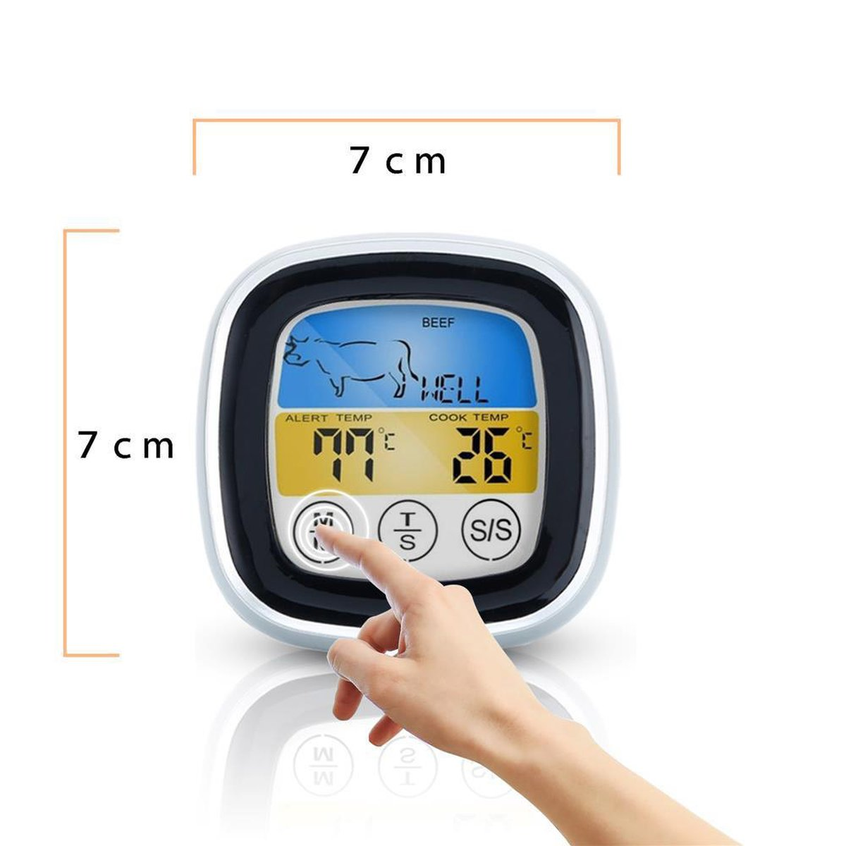 Fleischthermometer mit 77°C und 36°C. Hand zeigt auf Knopf. Schwarz-weißes Gerät. Weißer Hintergrund.