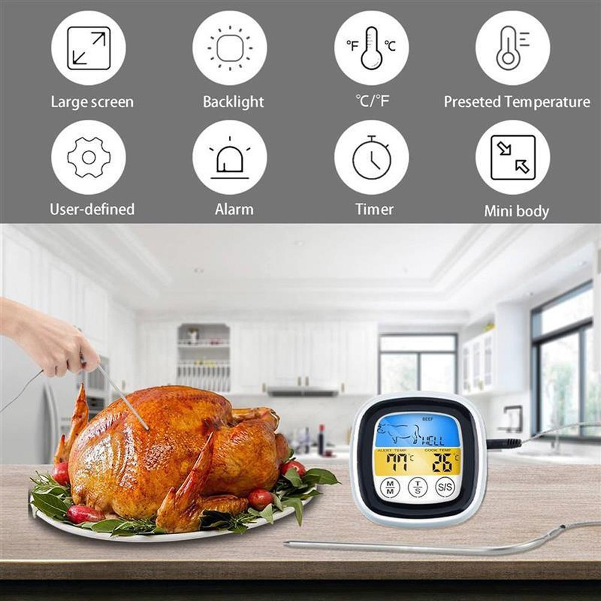 Ein Truthahn auf einer Platte mit einem Thermometer. Symbole für Einstellungen werden angezeigt.
