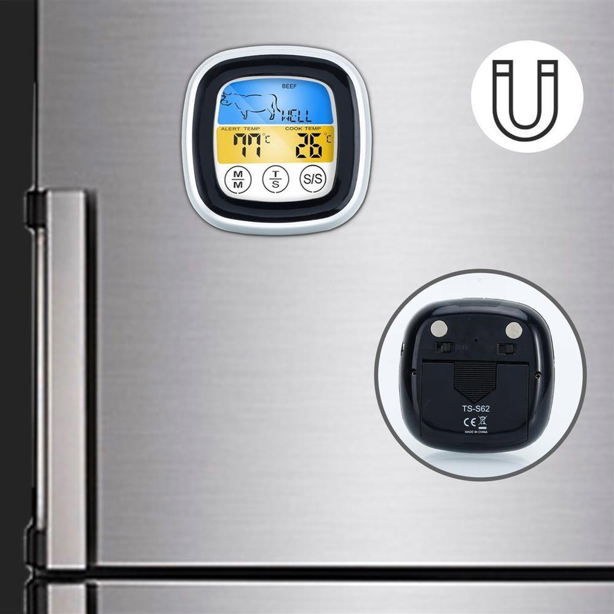 Kühlschrank mit digitalem Fleischthermometer. Magnet daneben.