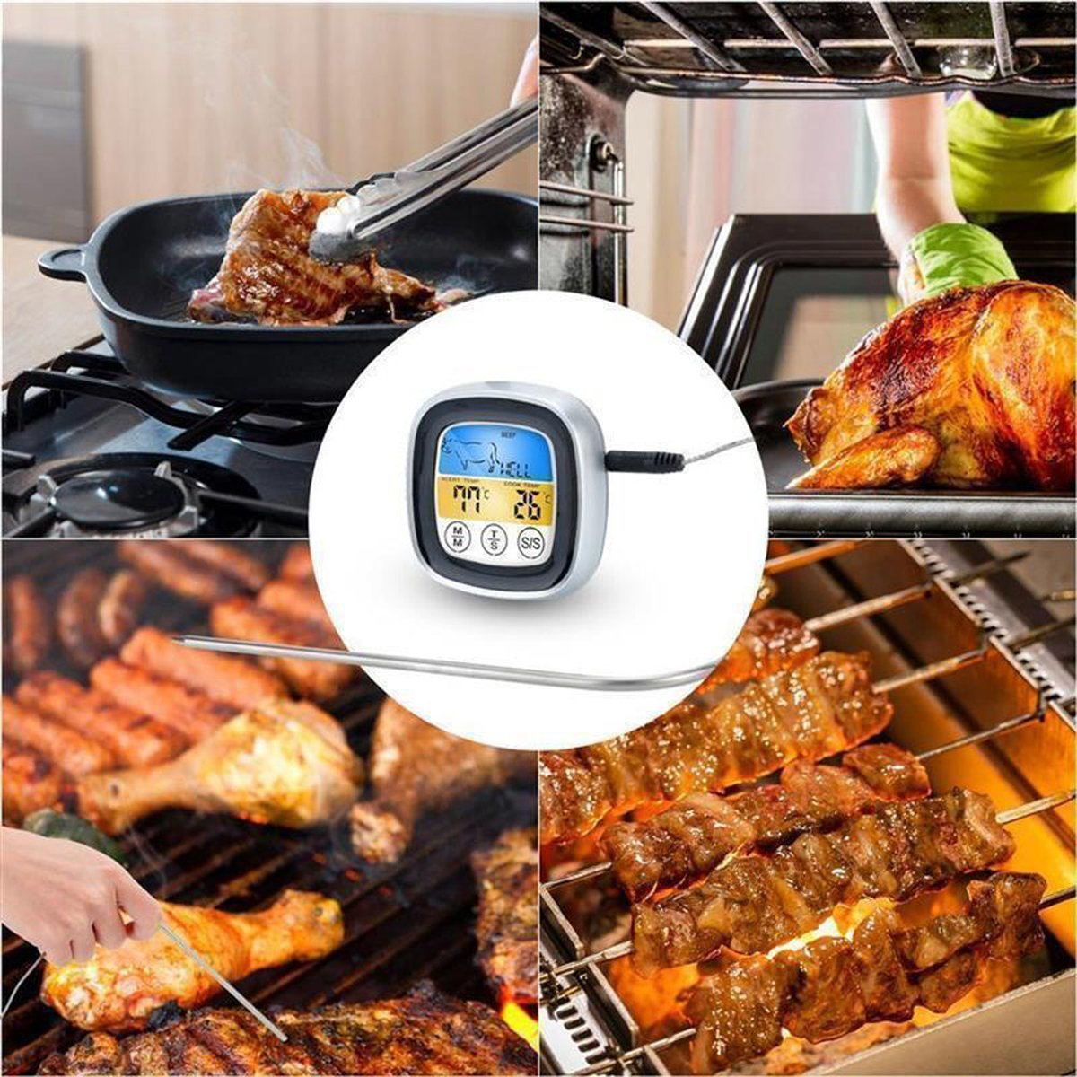 Eine Reihe von Fotos, die die Verwendung eines Thermometers zeigen. Enthält das Kochen von Fleisch auf verschiedene Arten.