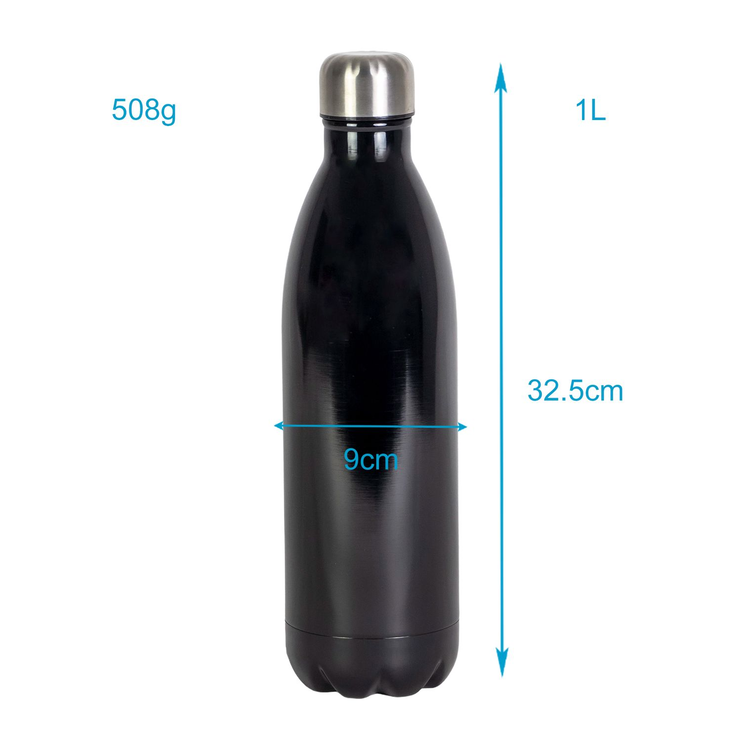 Eine schwarze Wasserflasche mit silbernem Deckel. Abmessungen der Flasche werden mit Pfeilen gezeigt.