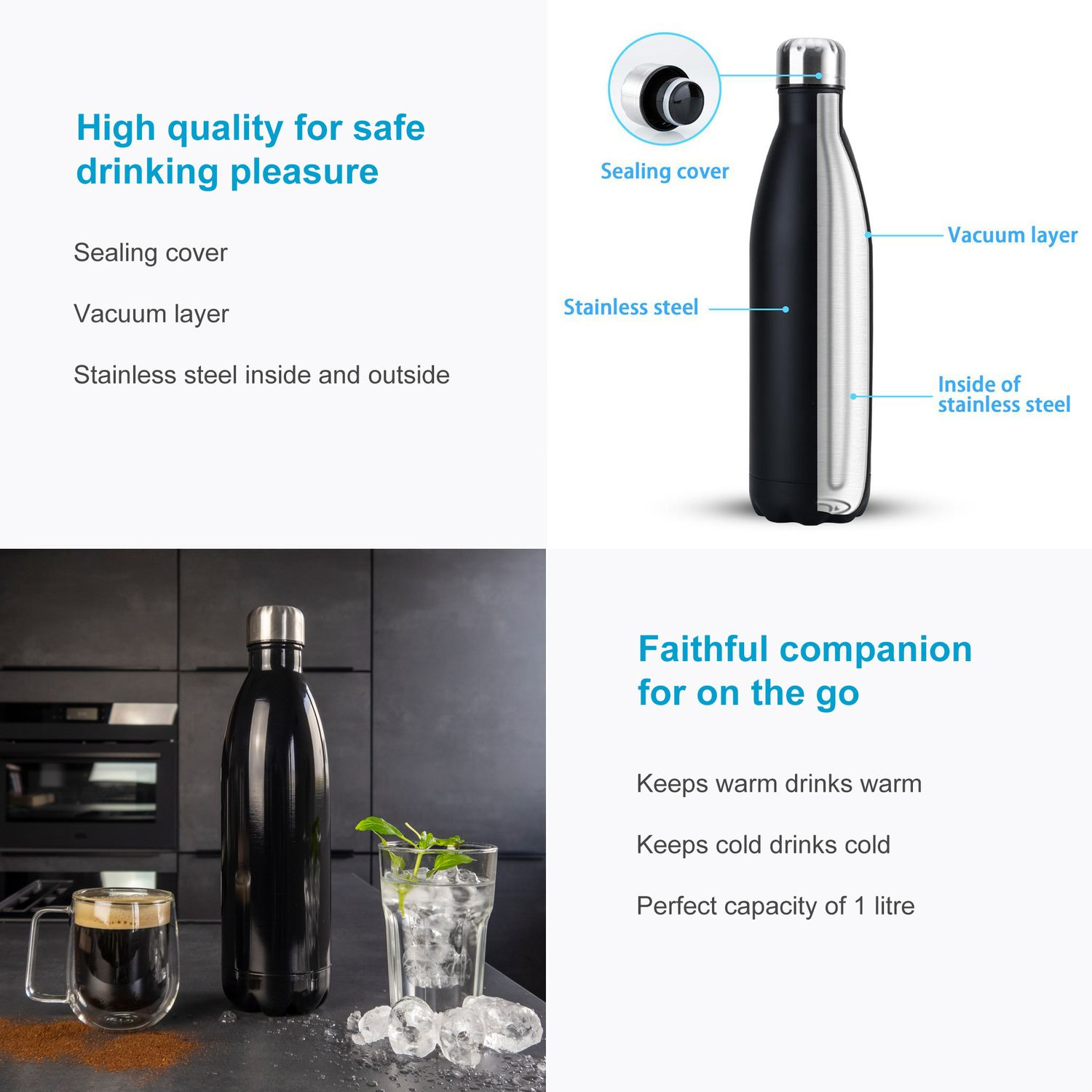 Schwarz-silberne isolierte Wasserflasche mit Text. Sie hat einen schwarzen Deckel und steht auf Schwarz.