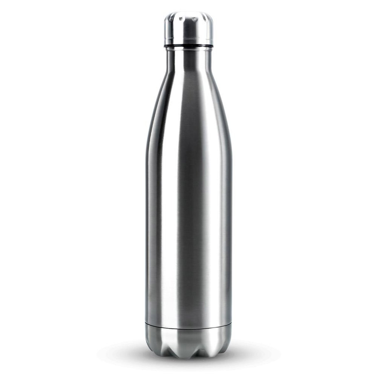 Eine hohe, silberne, isolierte Wasserflasche mit glänzendem Deckel.