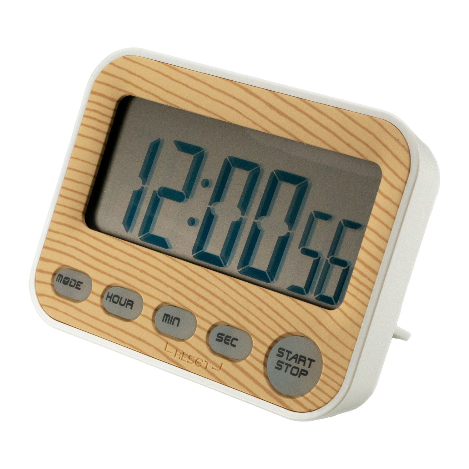 Digitaler Timer mit Holzmaserungs-Oberfläche, Anzeige 12:00:56. Tasten für Modus, Stunde, Min, Sek, Start/Stopp.