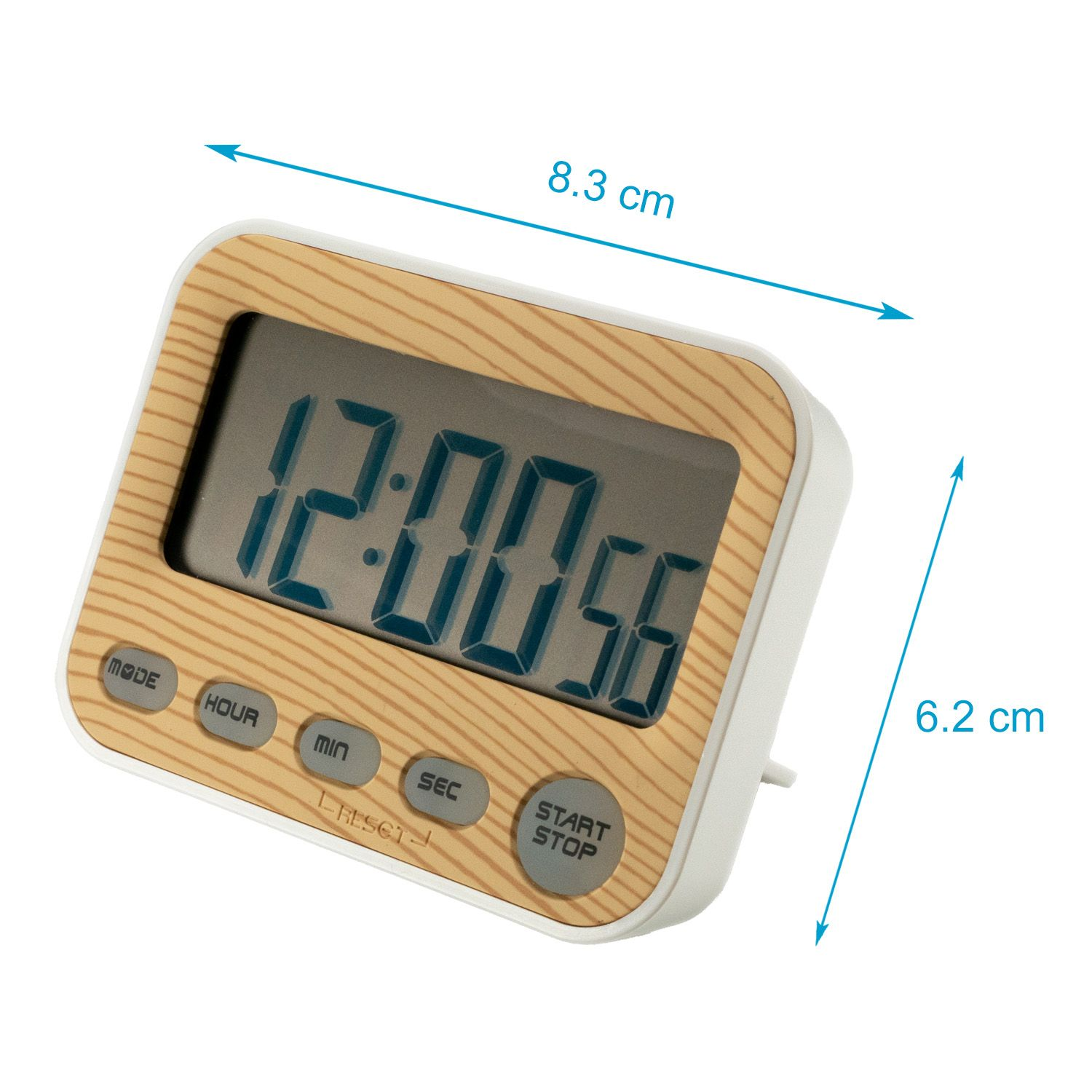 Ein Holz-Timer mit digitaler Anzeige, die Zeit und Abmessungen anzeigt.