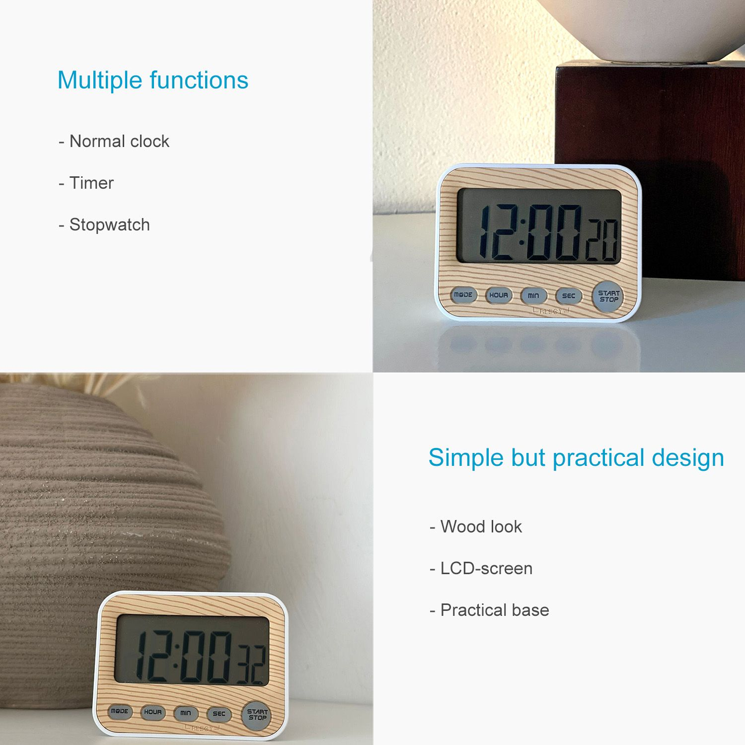 Digitaler Timer in Holzoptik. Zeigt die Zeit an. Funktionen: Uhr, Timer, Stoppuhr. Design: Holzoptik, LCD-Bildschirm, Sockel.