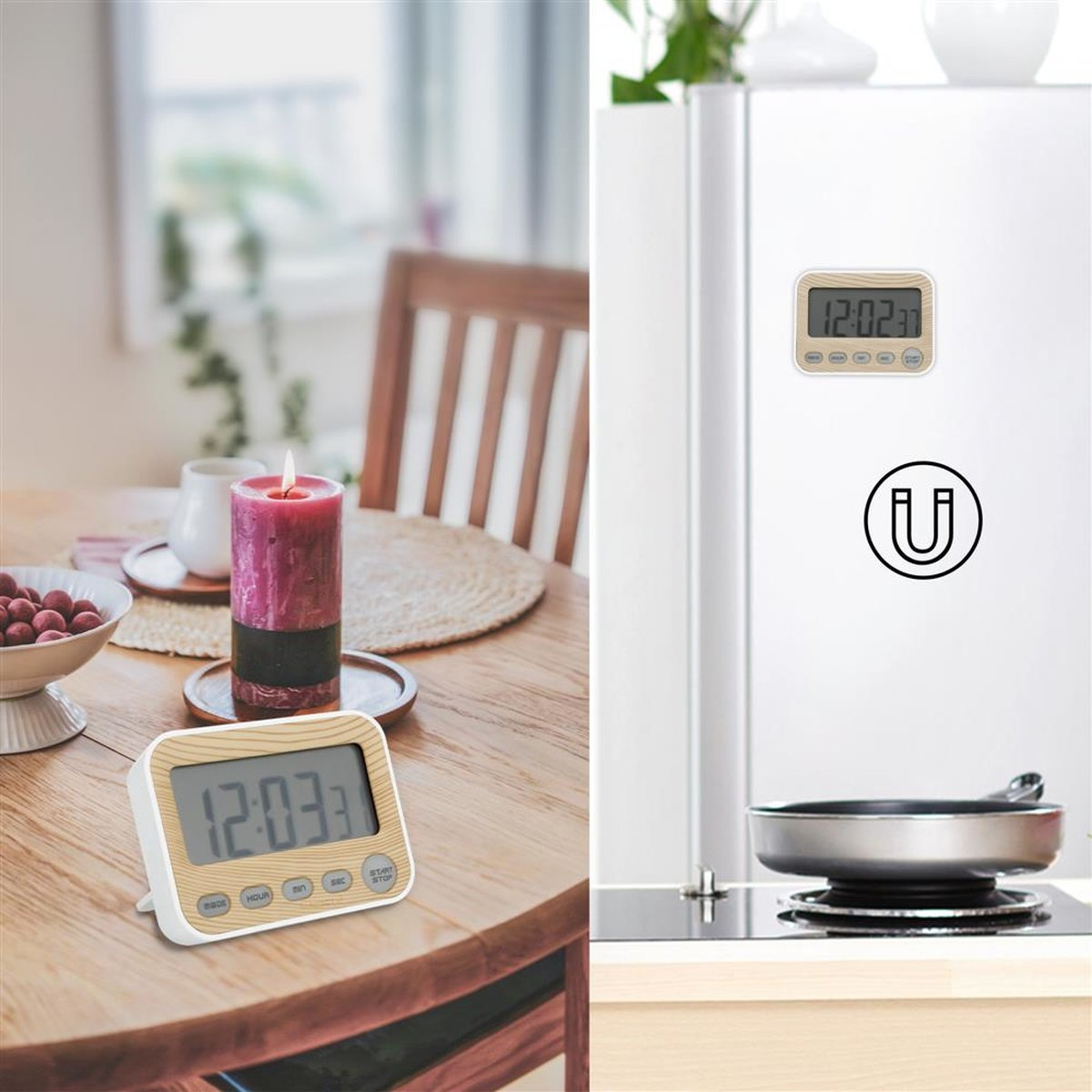 Digitaler Timer auf Holztisch mit Kerze und Kühlschrank mit Timer.