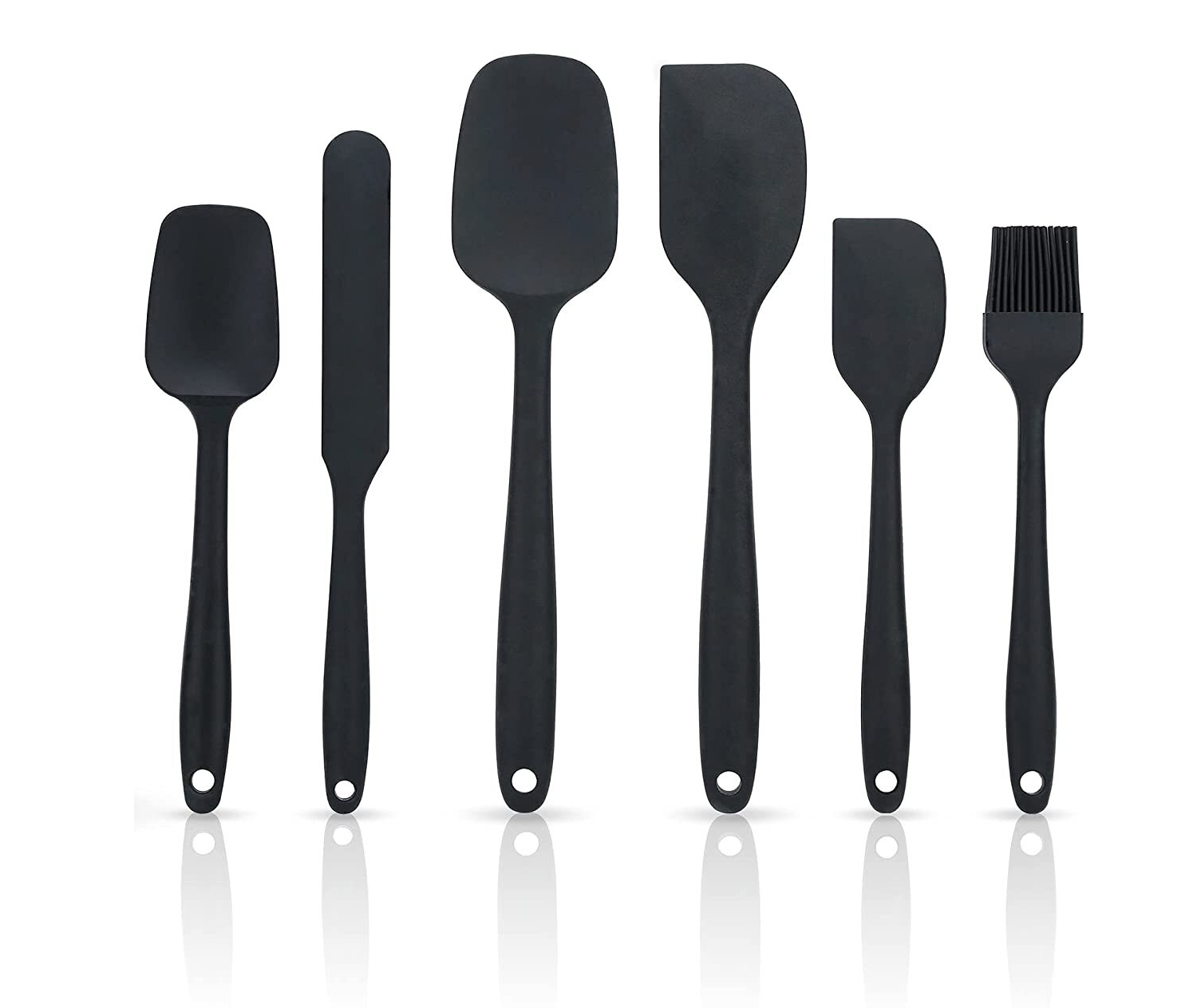 Set aus sechs schwarzen Silikon-Küchenutensilien: Löffel, Spatel, Messer usw.