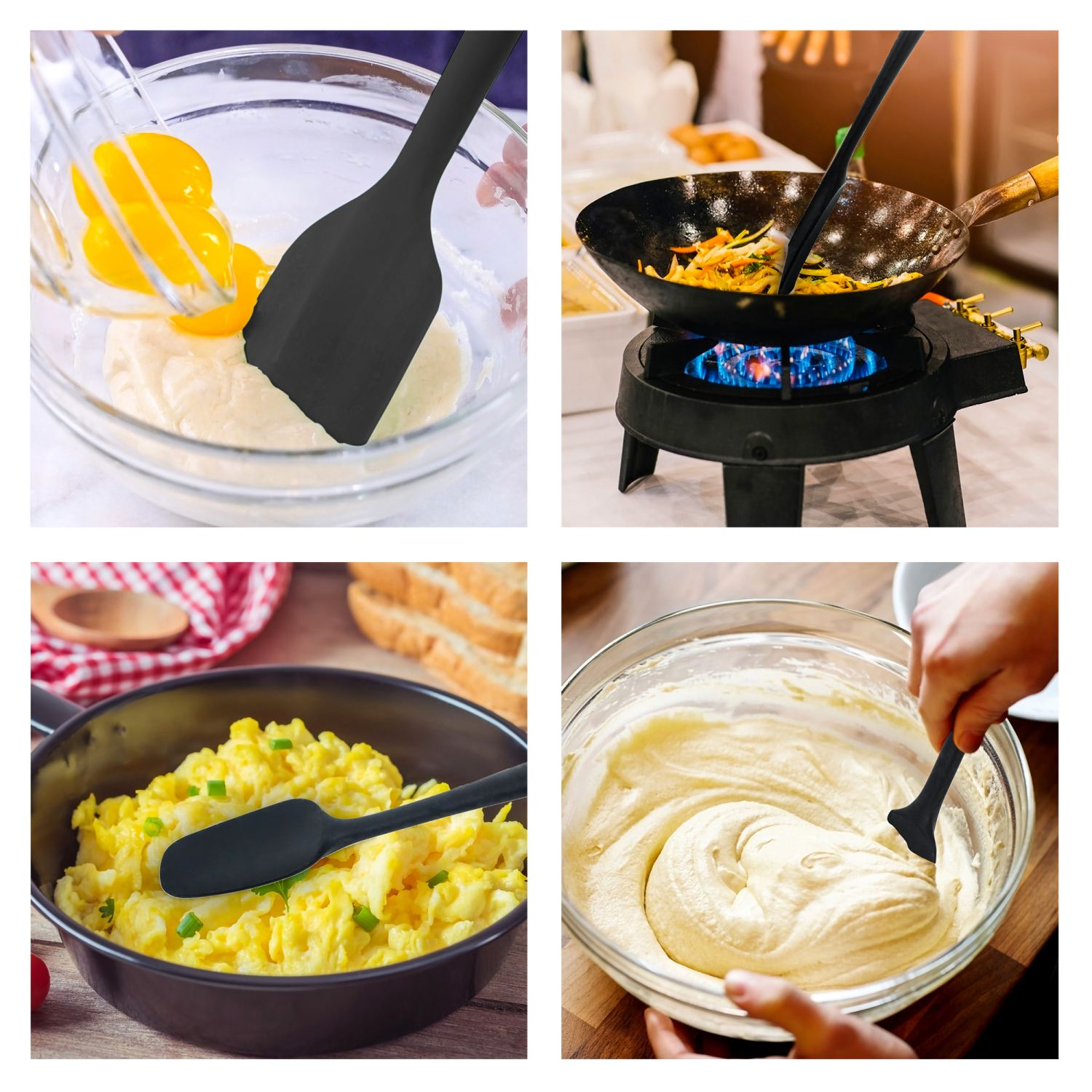 Vier Kochbilder. Teig verrühren, im Wok kochen, Rührei kochen, Zuckerguss verrühren.