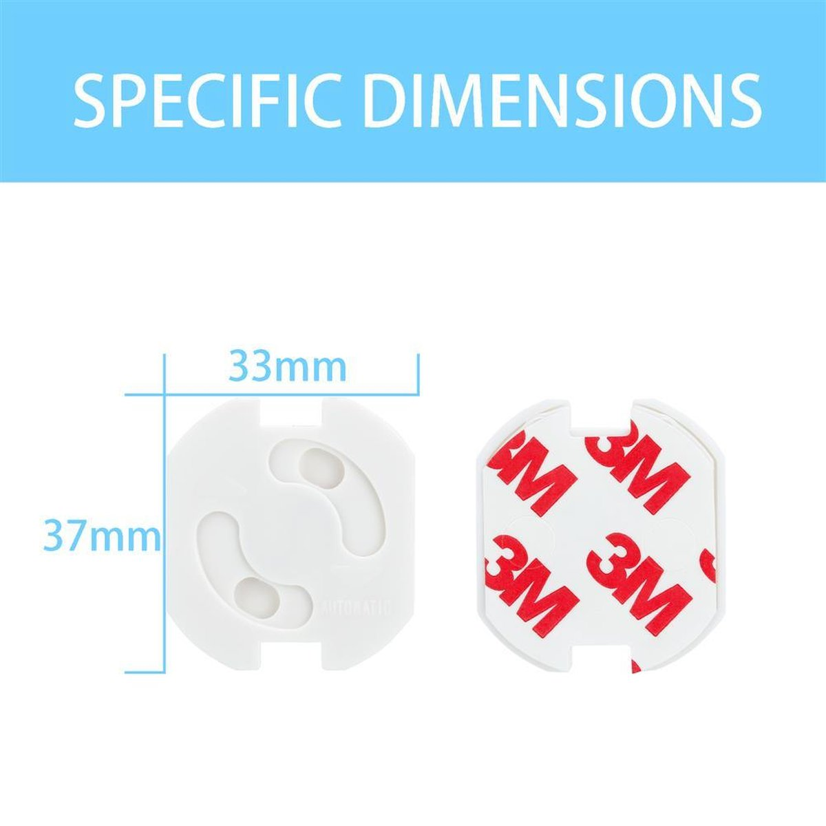 Weiße Steckdosenabdeckungen mit den Maßen 33mm x 37mm.