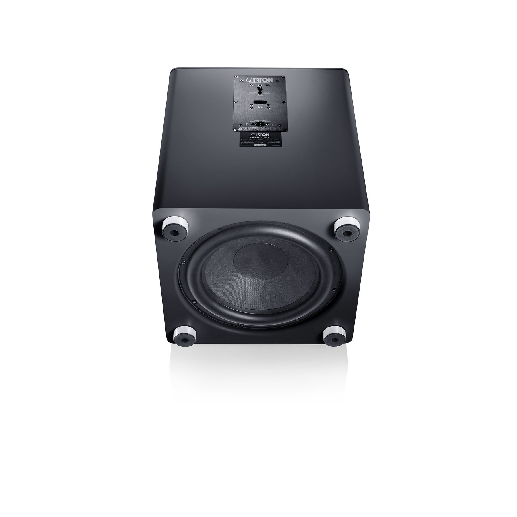 Ein schwarzer Subwoofer-Lautsprecher, von oben betrachtet, vor weißem Hintergrund.