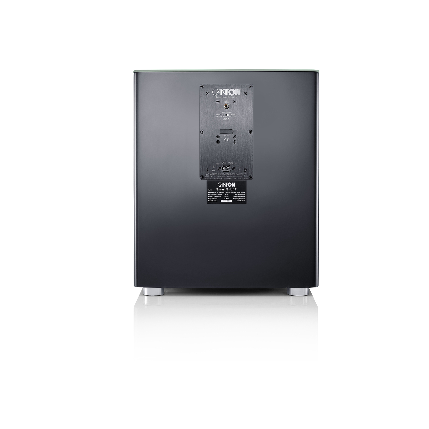Schwarzer Subwoofer mit Canton-Logo und einer Reihe von Anschlüssen und Etiketten auf der Rückseite.