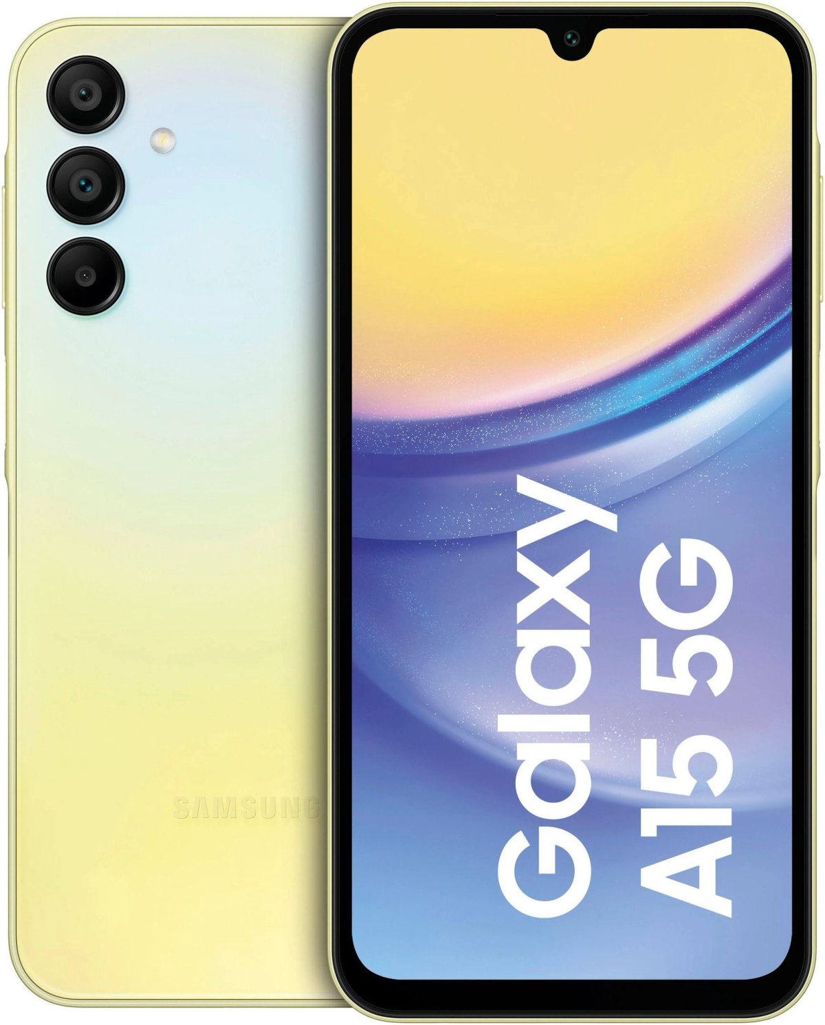 Żółty telefon Samsung Galaxy A15 5G. Białe tło.