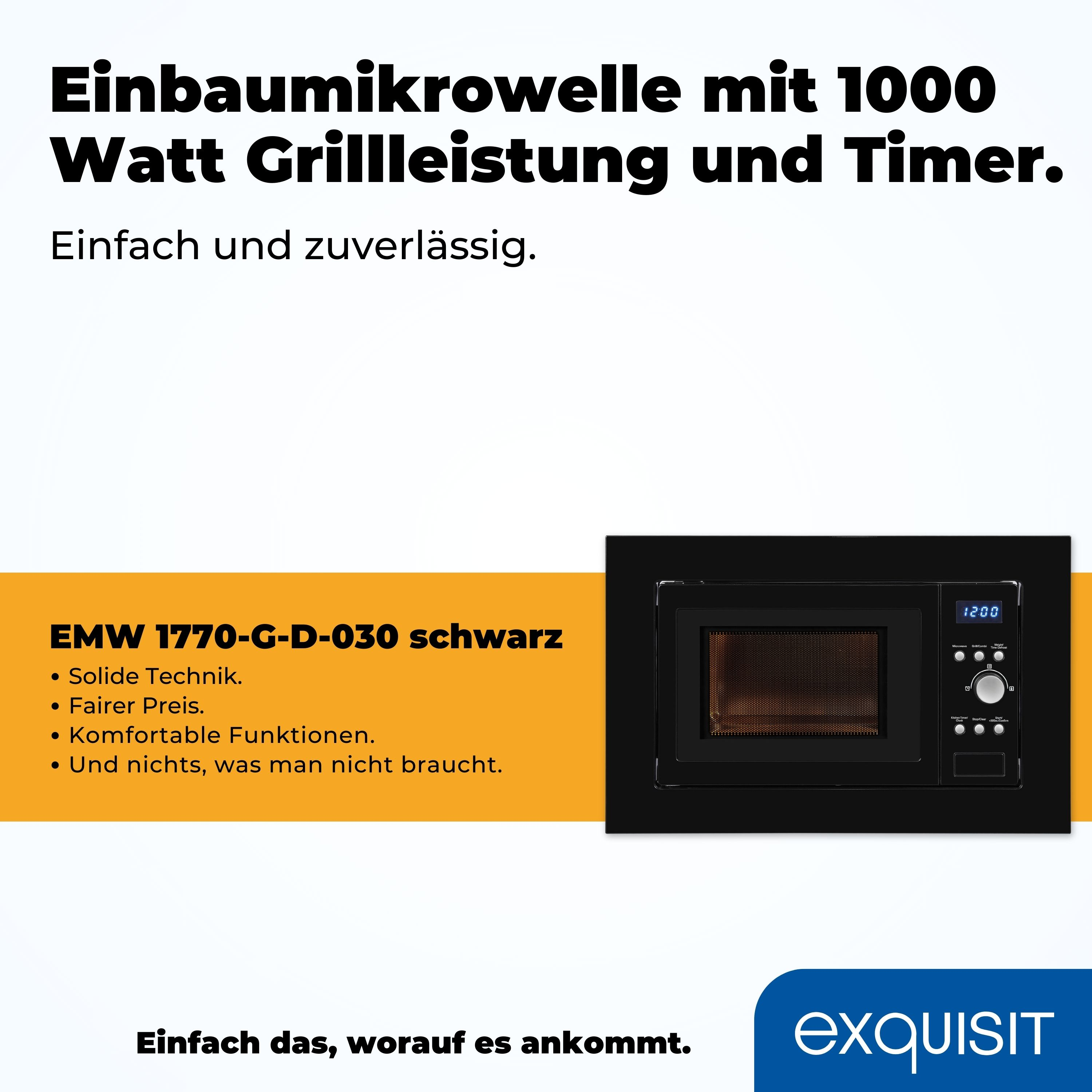 Ein schwarzer Einbau-Mikrowellenherd mit Text und Funktionen auf schwarzem und orangefarbenem Hintergrund.