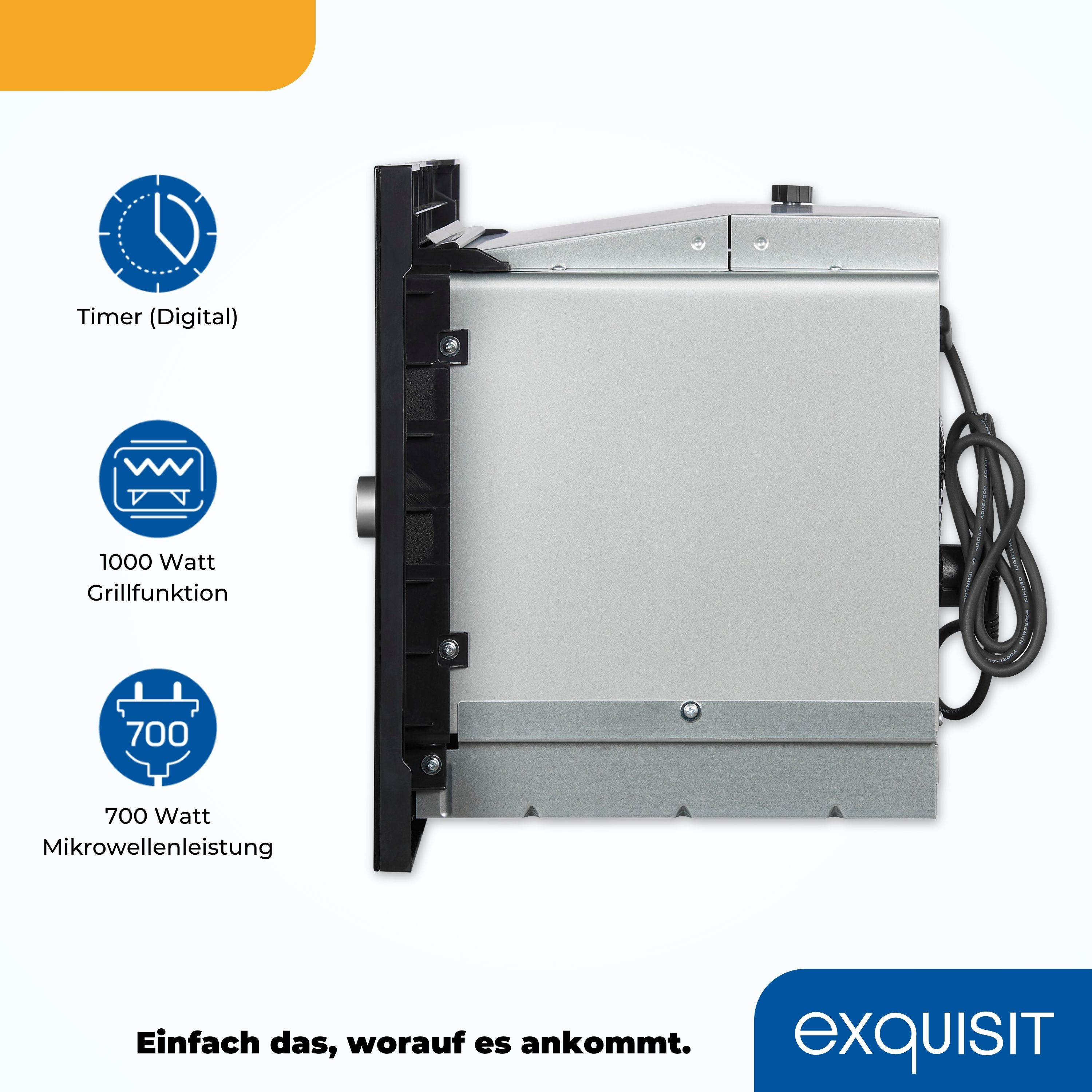 Seitenansicht eines Mikrowellenherds mit schwarzer Front, weißer Seite und Funktionssymbolen.