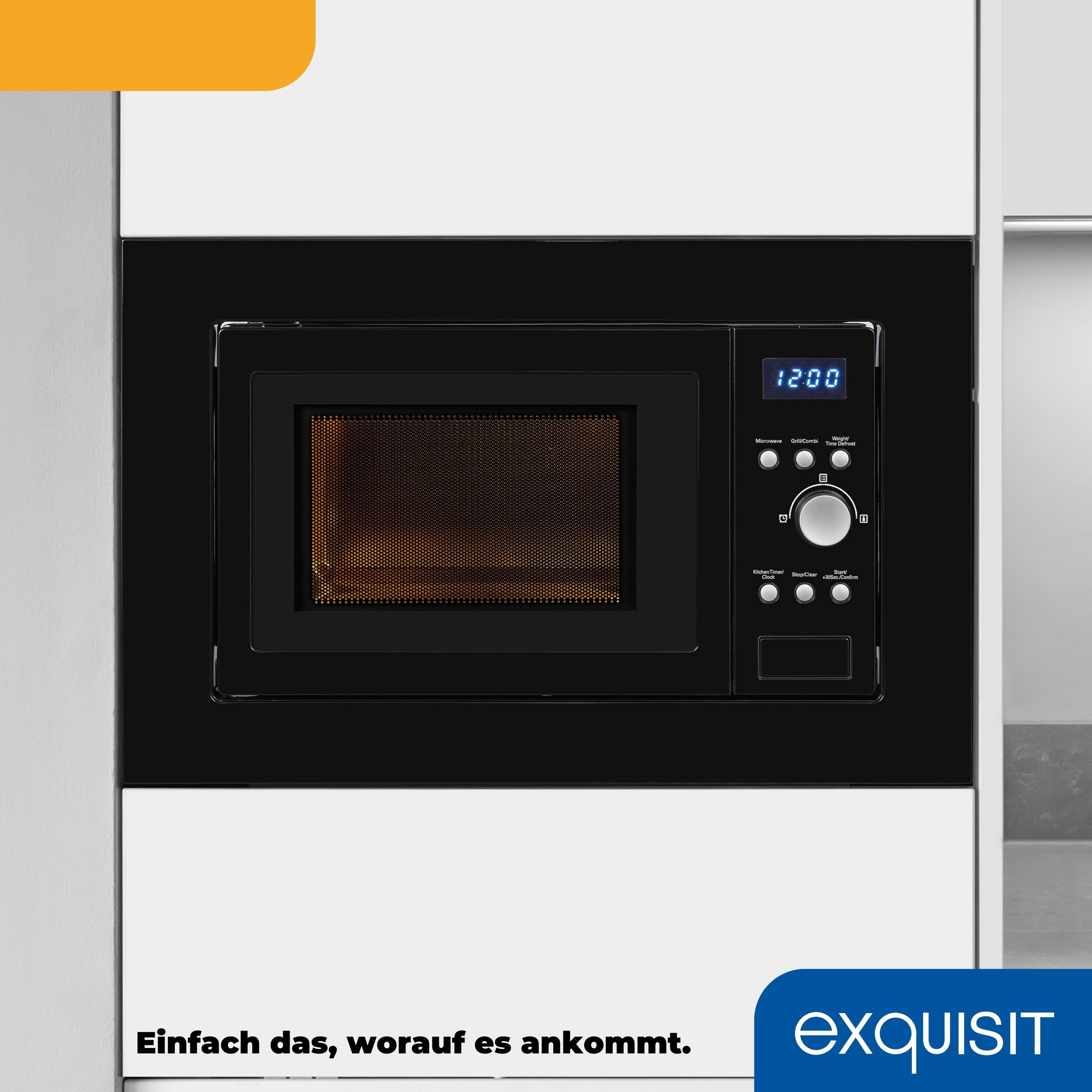 Schwarze Mikrowelle in einem weißen Schrank. Der Bildschirm zeigt 12:00 Uhr an.