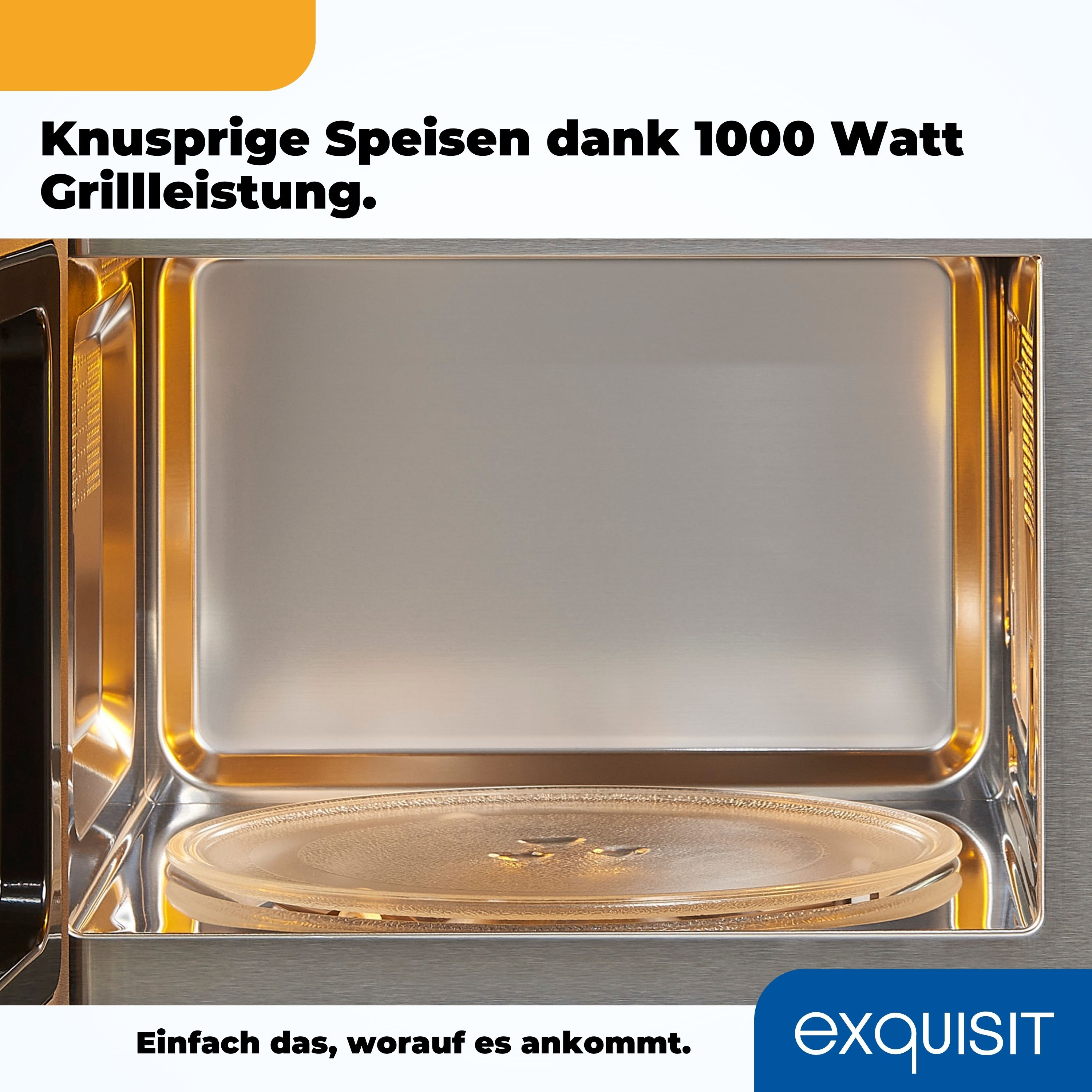 In einem Mikrowellenherd, mit einem Glasteller und Text über knusprige Speisen.