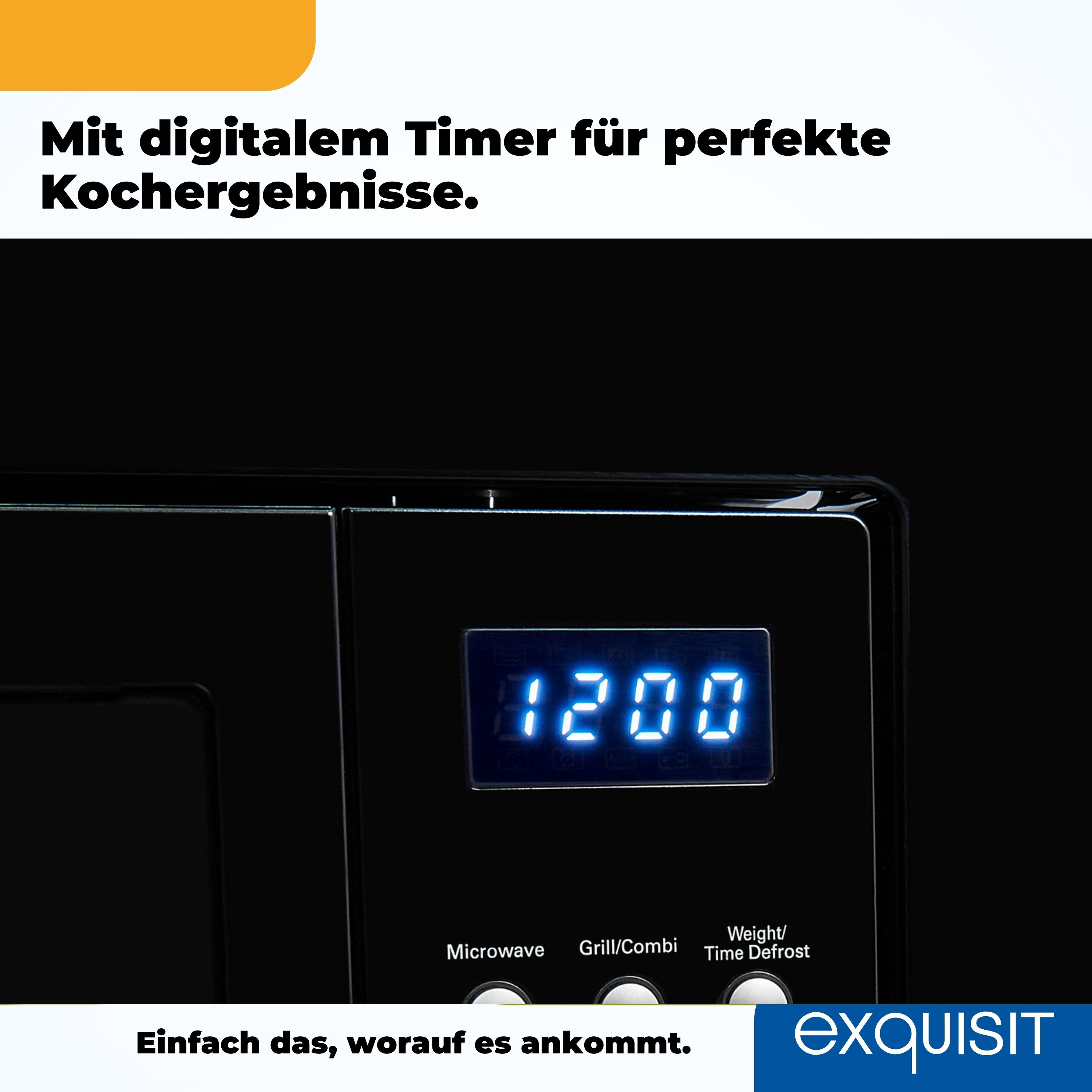 Schwarze Mikrowelle mit blauem Digitaltimer. Der Text auf dem Display lautet 1200.