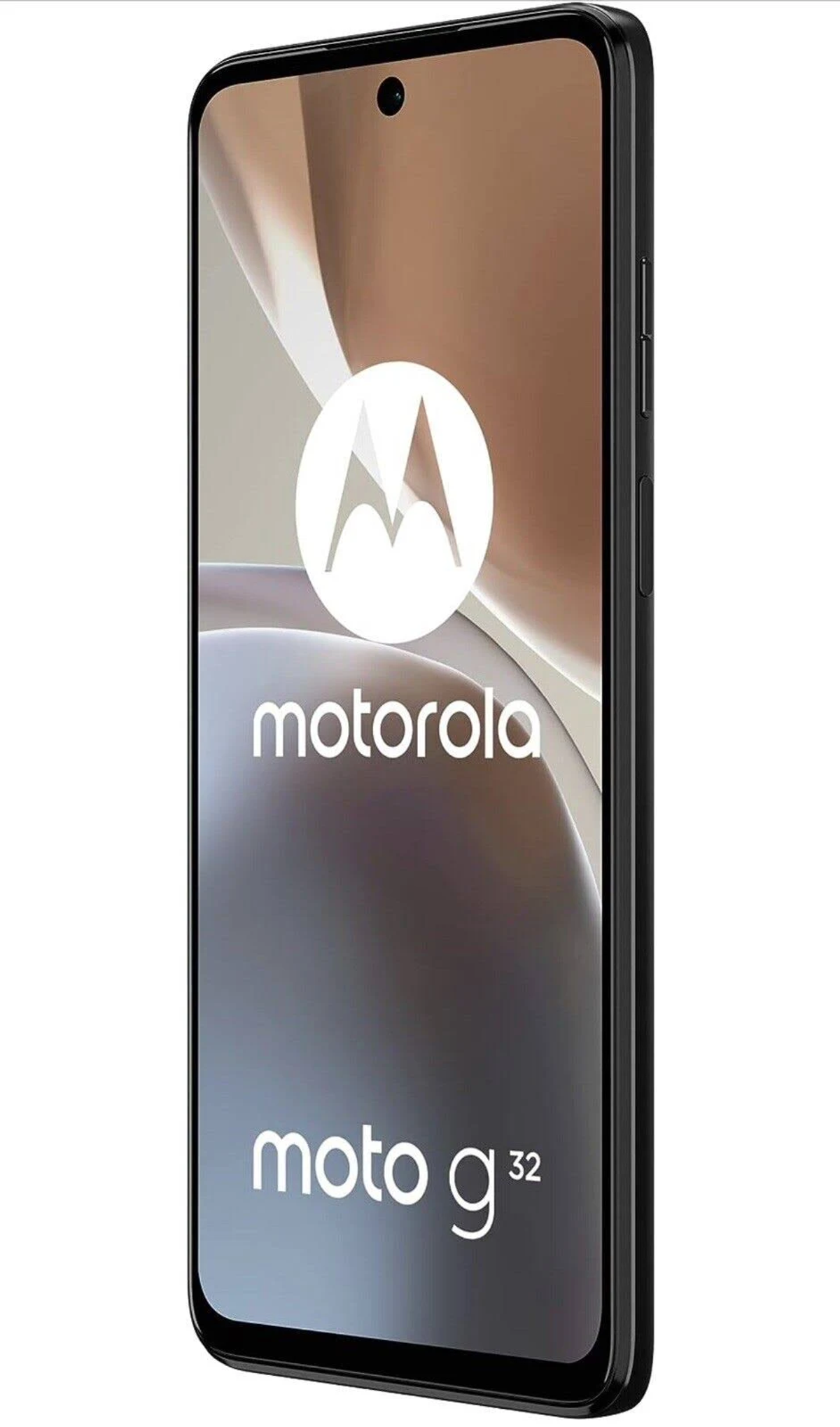 Teléfono Motorola negro con pantalla grande, mostrando su logo. El teléfono está sobre un fondo blanco.