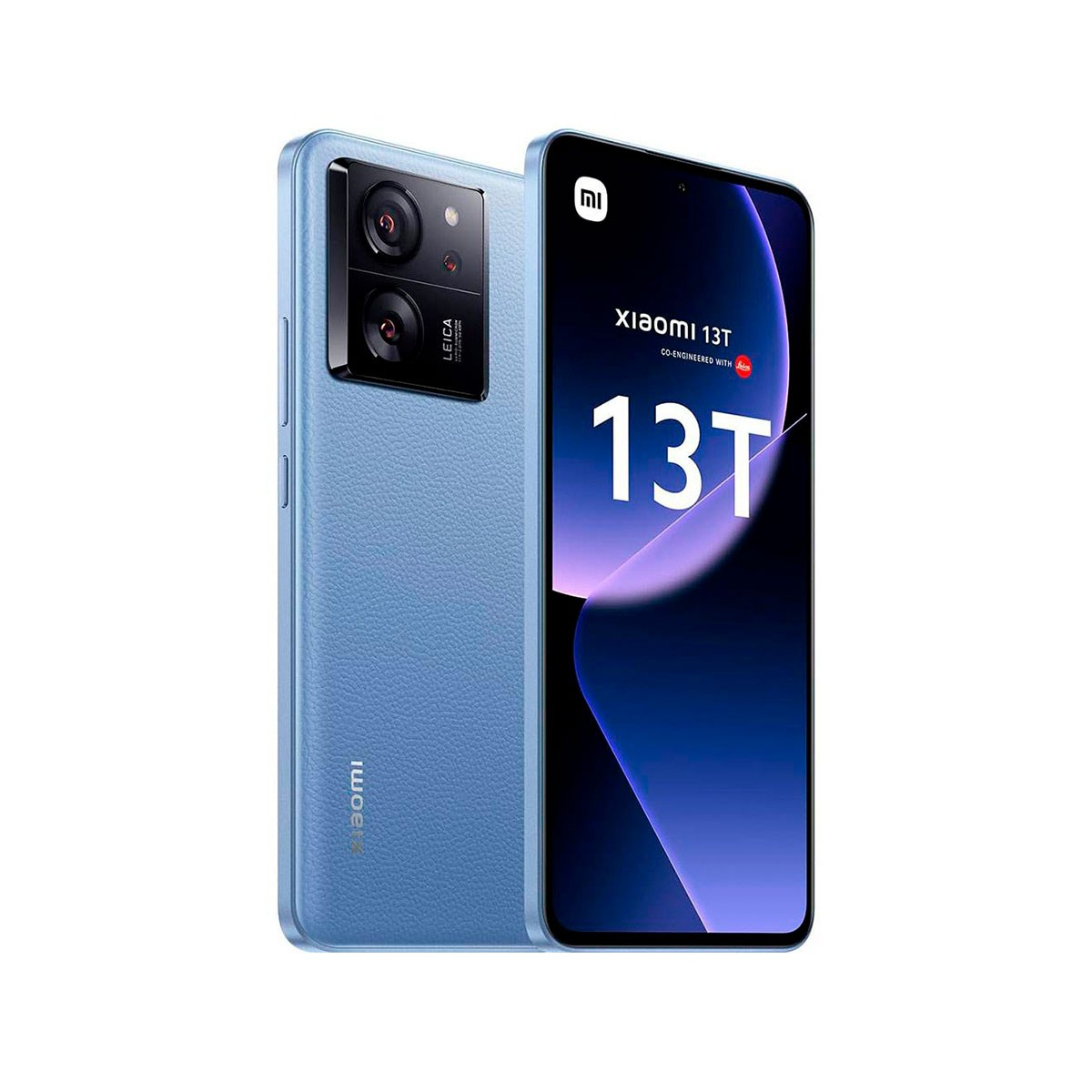 Niebieski smartfon Xiaomi 13T, z dwoma aparatami i logo Leica z tyłu.
