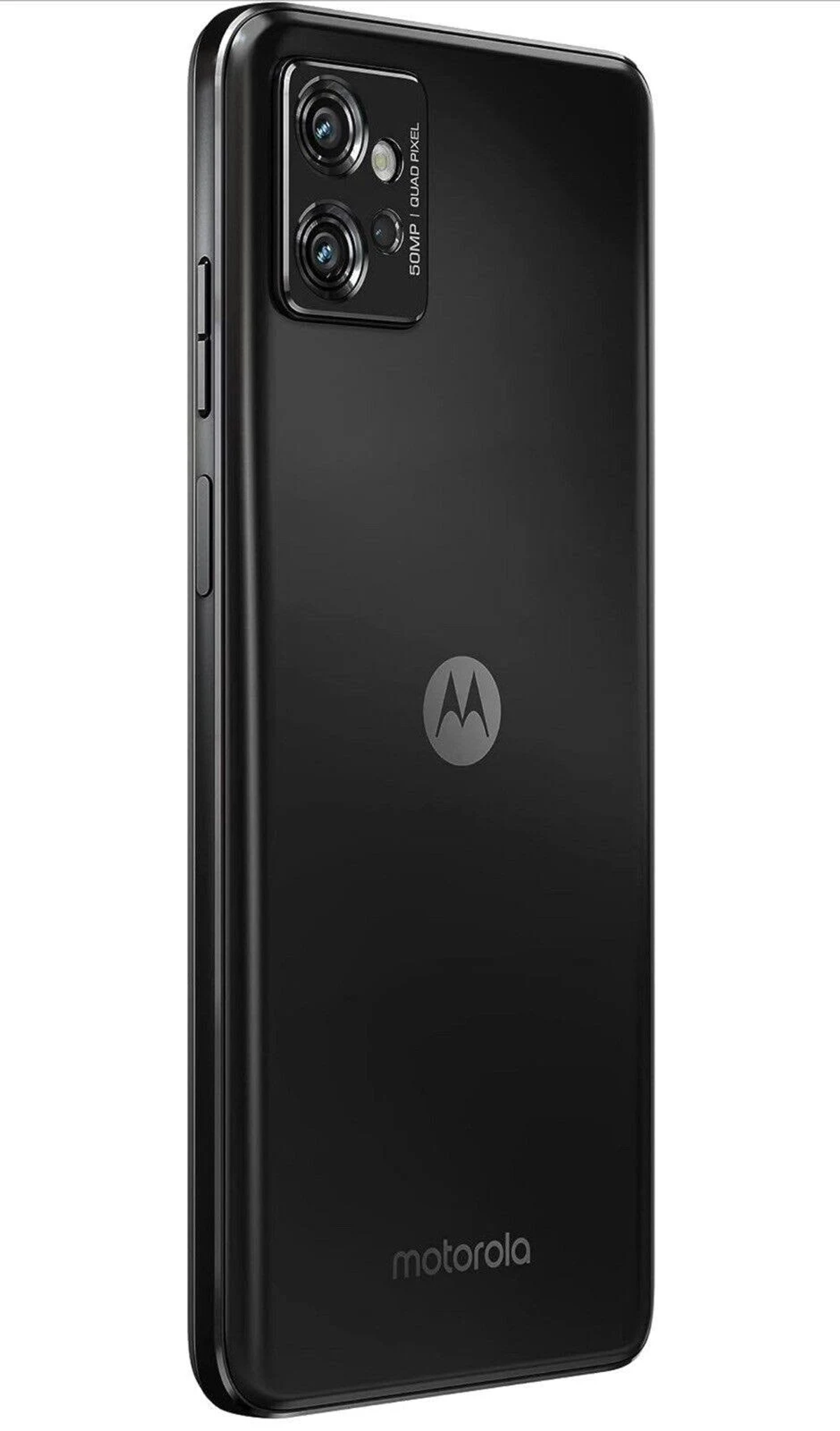 Smartphone Motorola negro. Muestra la parte trasera con el logo Motorola y la configuración de la cámara.