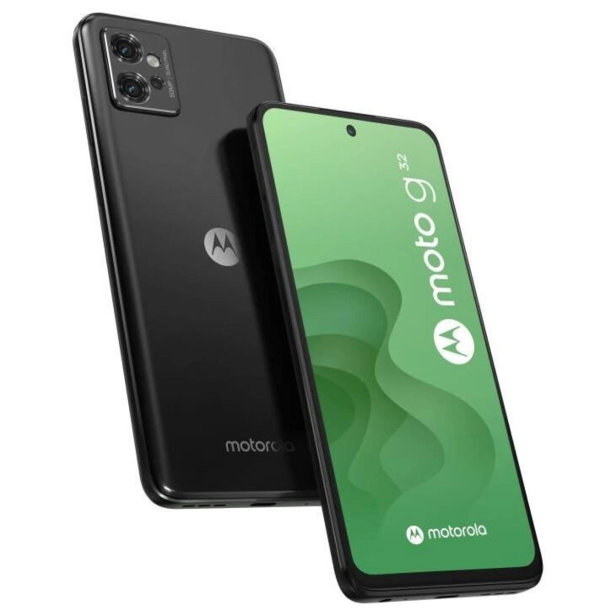 Dos teléfonos Motorola negros. Uno está en ángulo mostrando la pantalla verde con texto, y el otro está boca abajo.