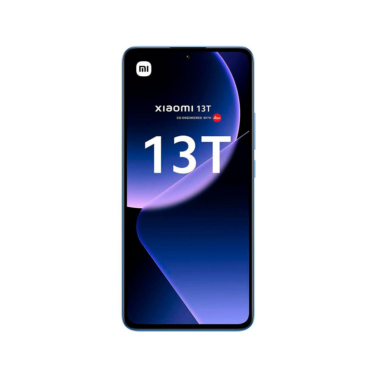 Niebieski smartfon Xiaomi 13T z dużym ekranem wyświetlającym fioletowo-niebieski design.