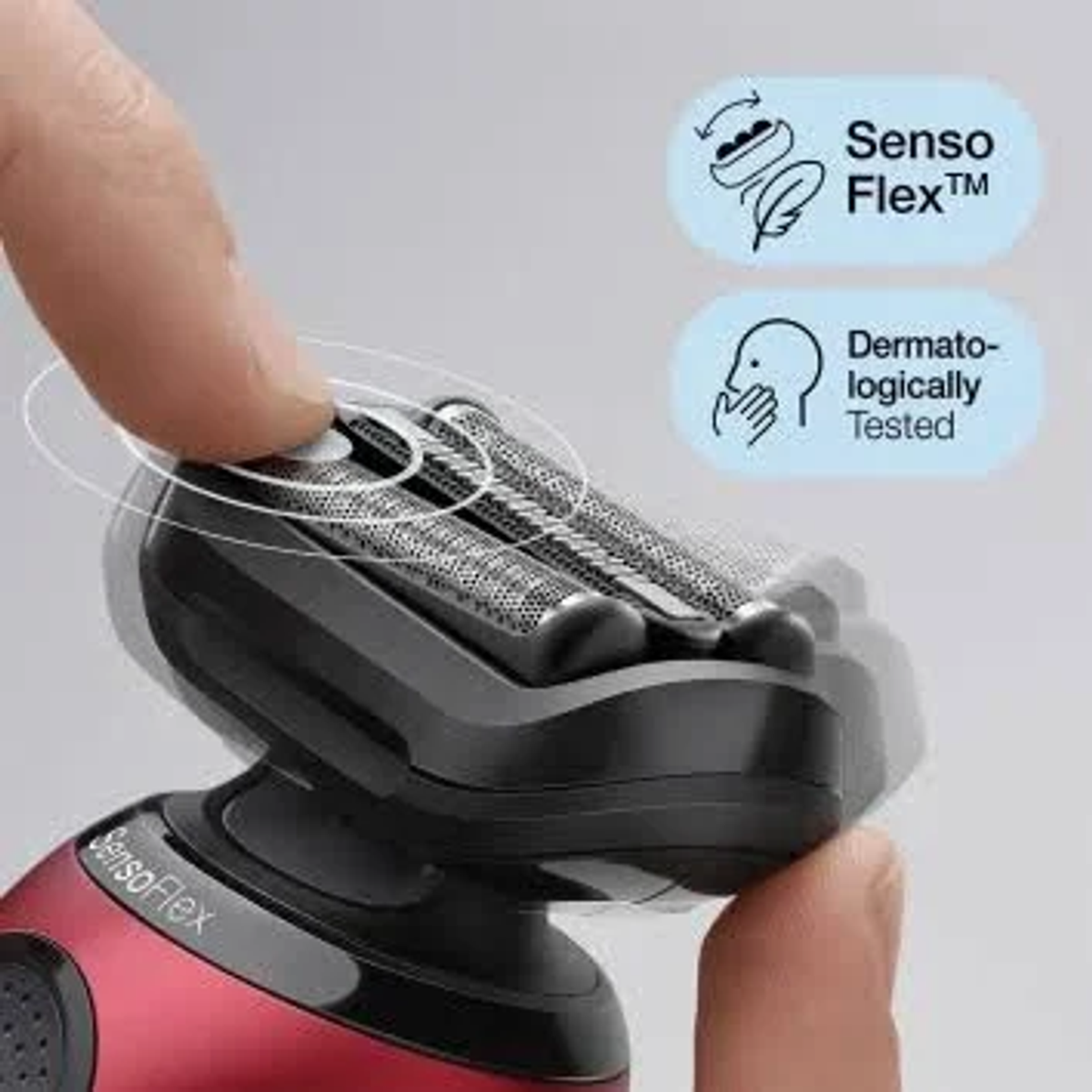 Rasoio elettrico con etichette SensoFlex e Dermatologicamente testato.