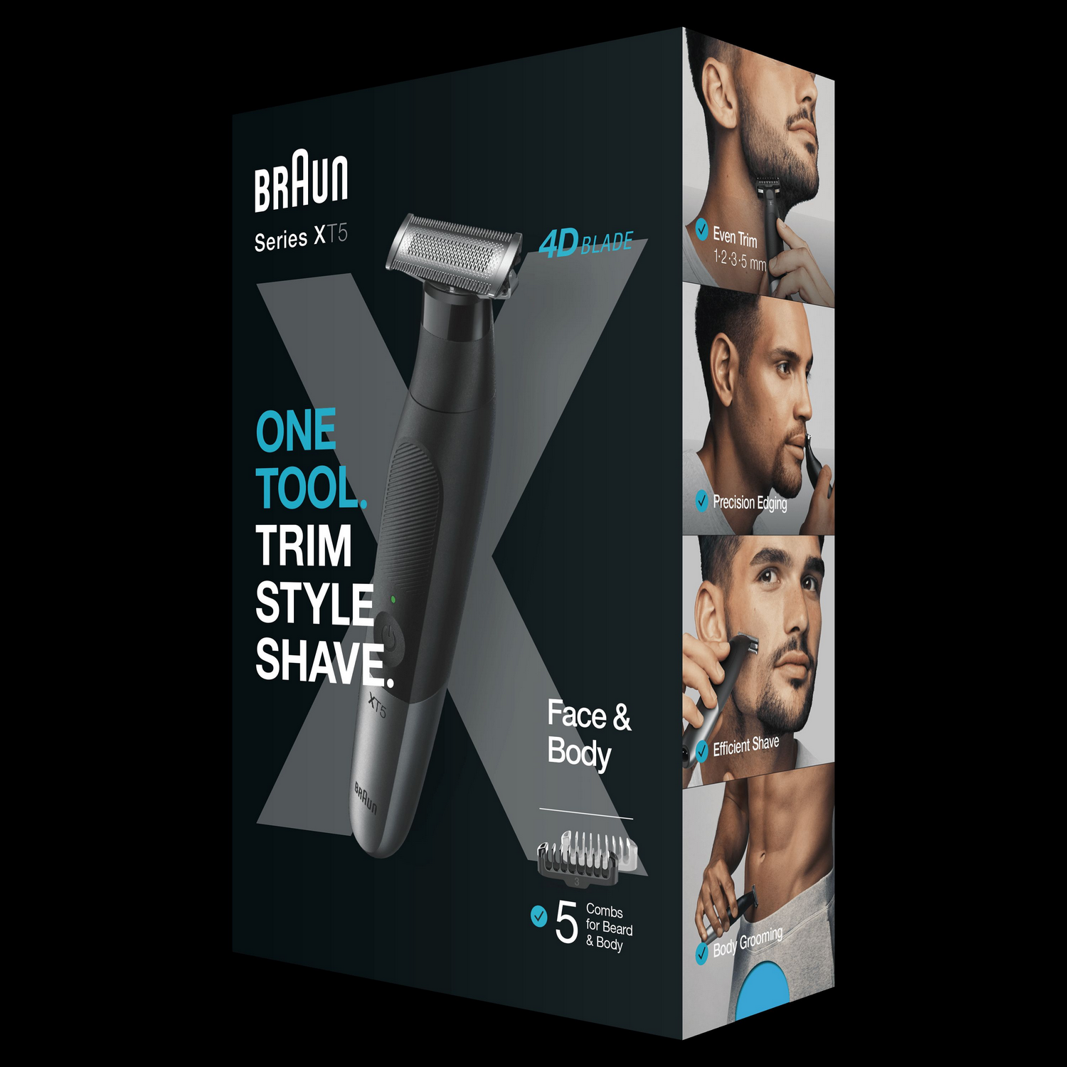 Braun Series X5 Trimmer-Box, die das Produkt und verschiedene Rasurmodi zeigt.