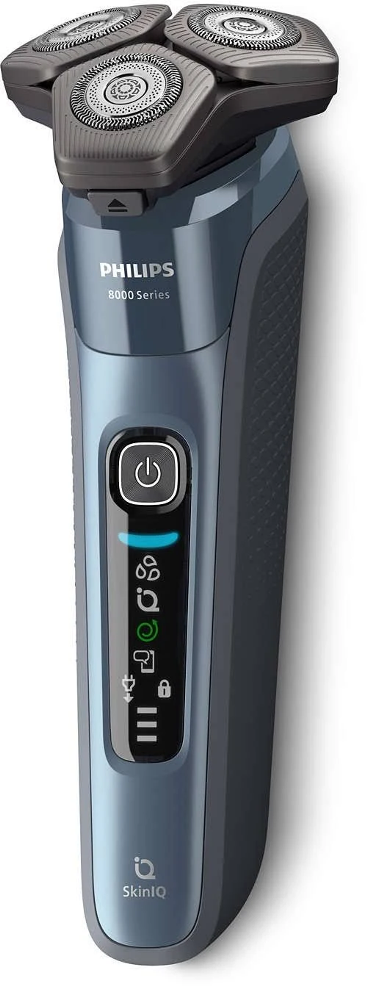 Un rasoio elettrico Philips blu e grigio con tre testine rotanti e diversi indicatori di funzione.