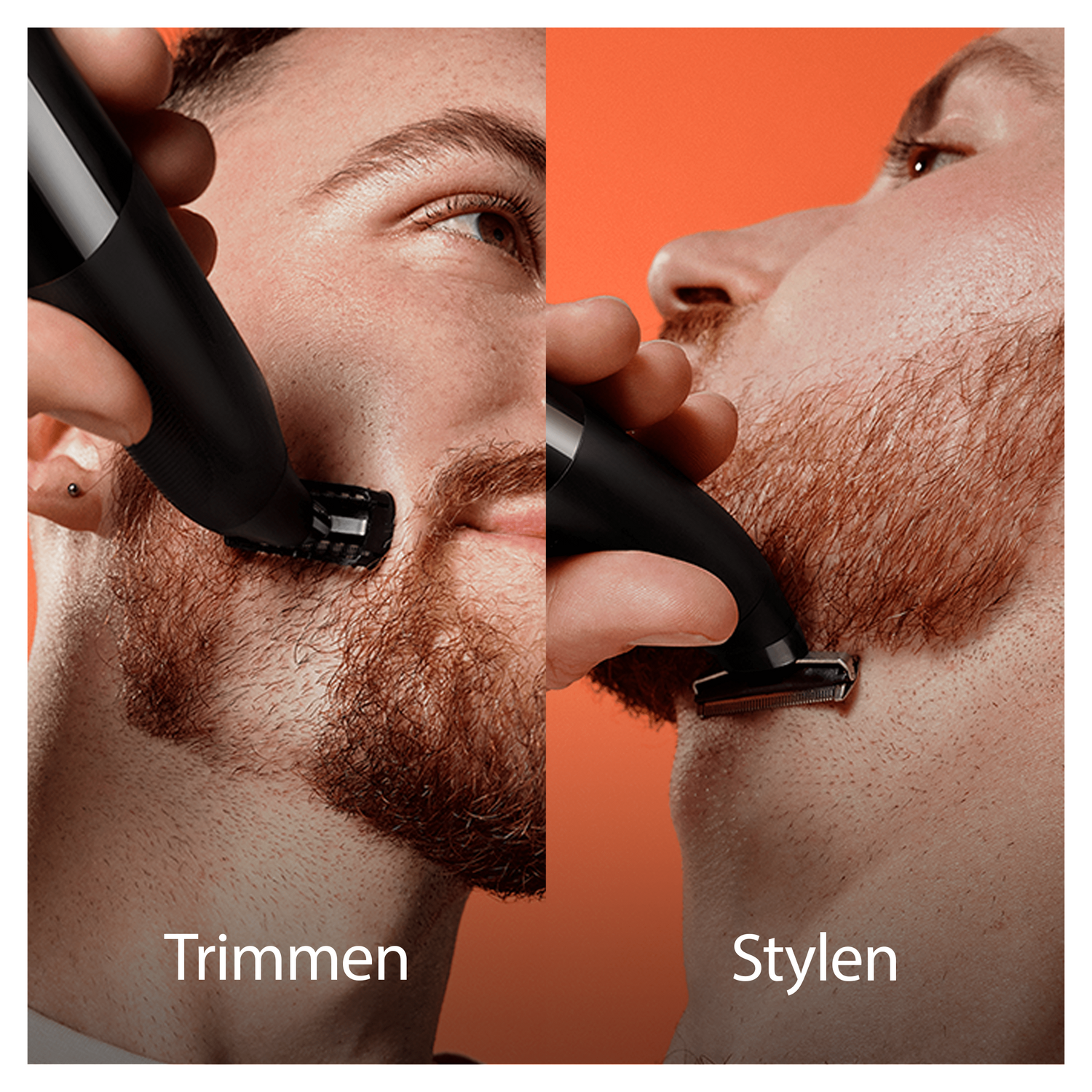 Zwei Nahaufnahmen eines Mannes, der seinen Bart mit einem schwarzen Trimmer trimmt und stylt.