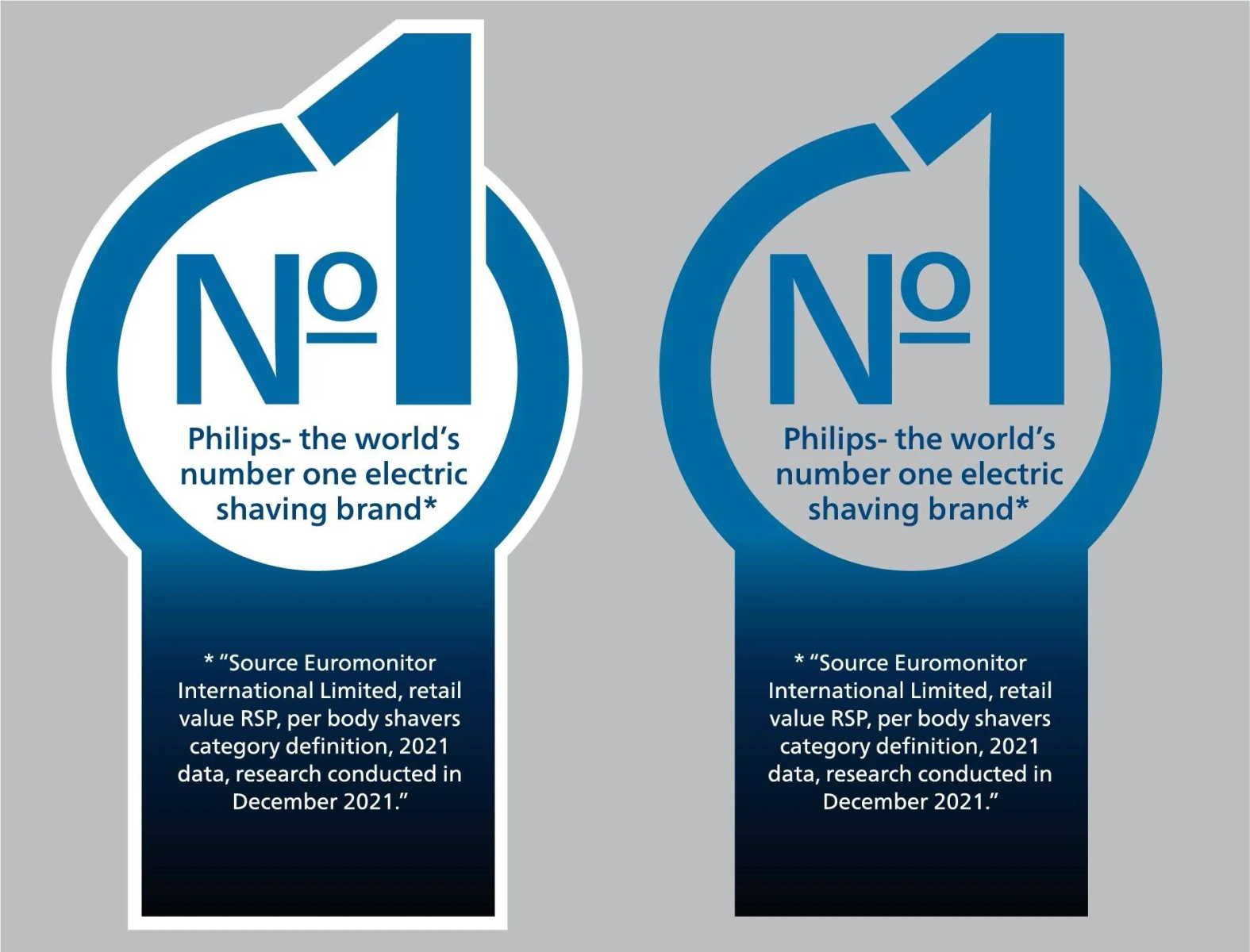 Due annunci blu e bianchi che affermano 'Philips- il marchio numero uno al mondo di rasatura elettrica'.