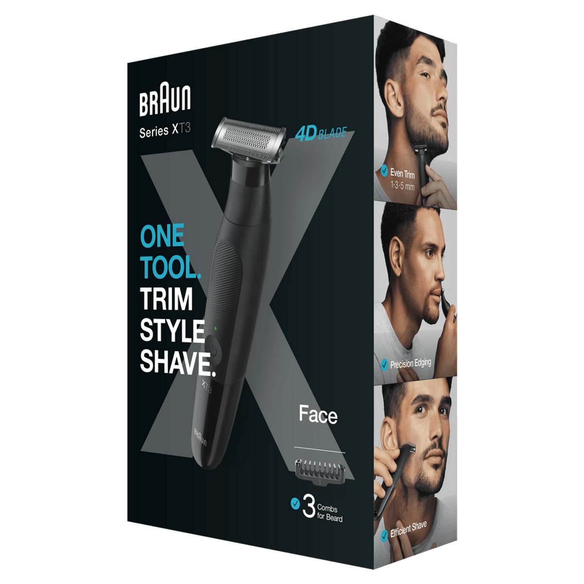 Braun Series X30 Trimmer. Schwarzes Gerät mit mehreren Bildern, die Trimm- und Rasieroptionen zeigen.