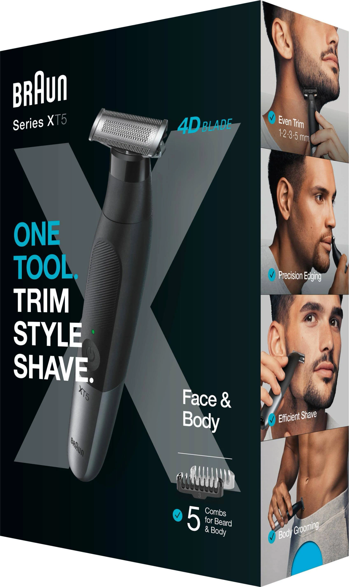 Braun Series XT5 Box, Trimmer dargestellt. Weißer Hintergrund und Diagramme. Face & Body.