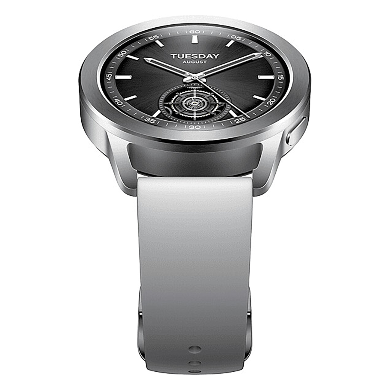 Eine silberne Smartwatch mit schwarzem Zifferblatt und weißem Armband, Draufsicht.