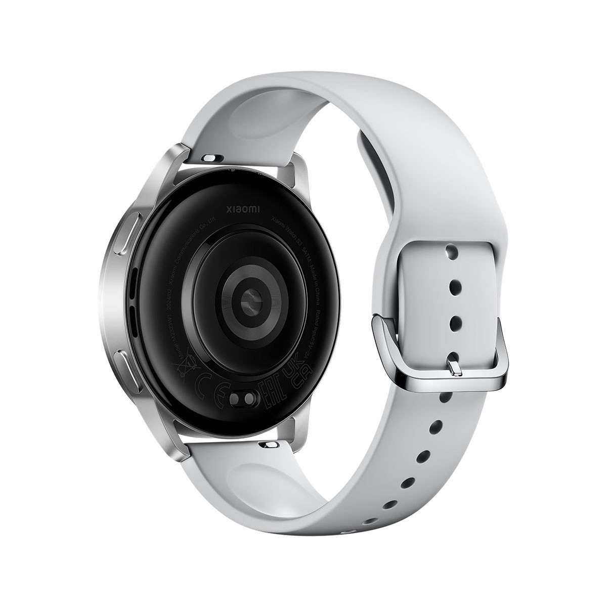 Eine silberne Xiaomi Smartwatch, von hinten betrachtet. Sie hat einen Herzfrequenzsensor und ein weißes Armband.