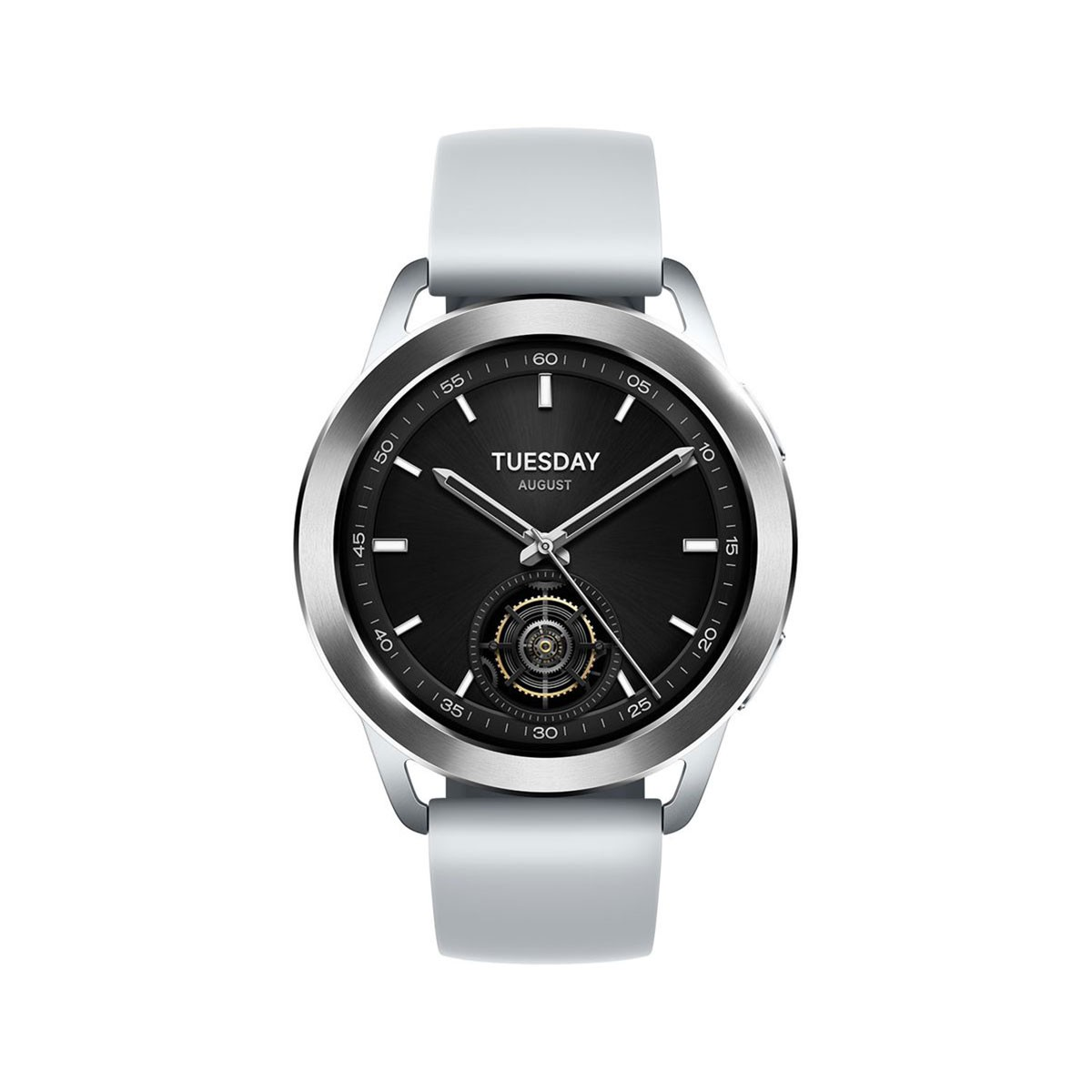 Eine silberne und weiße Smartwatch mit schwarzem Zifferblatt.