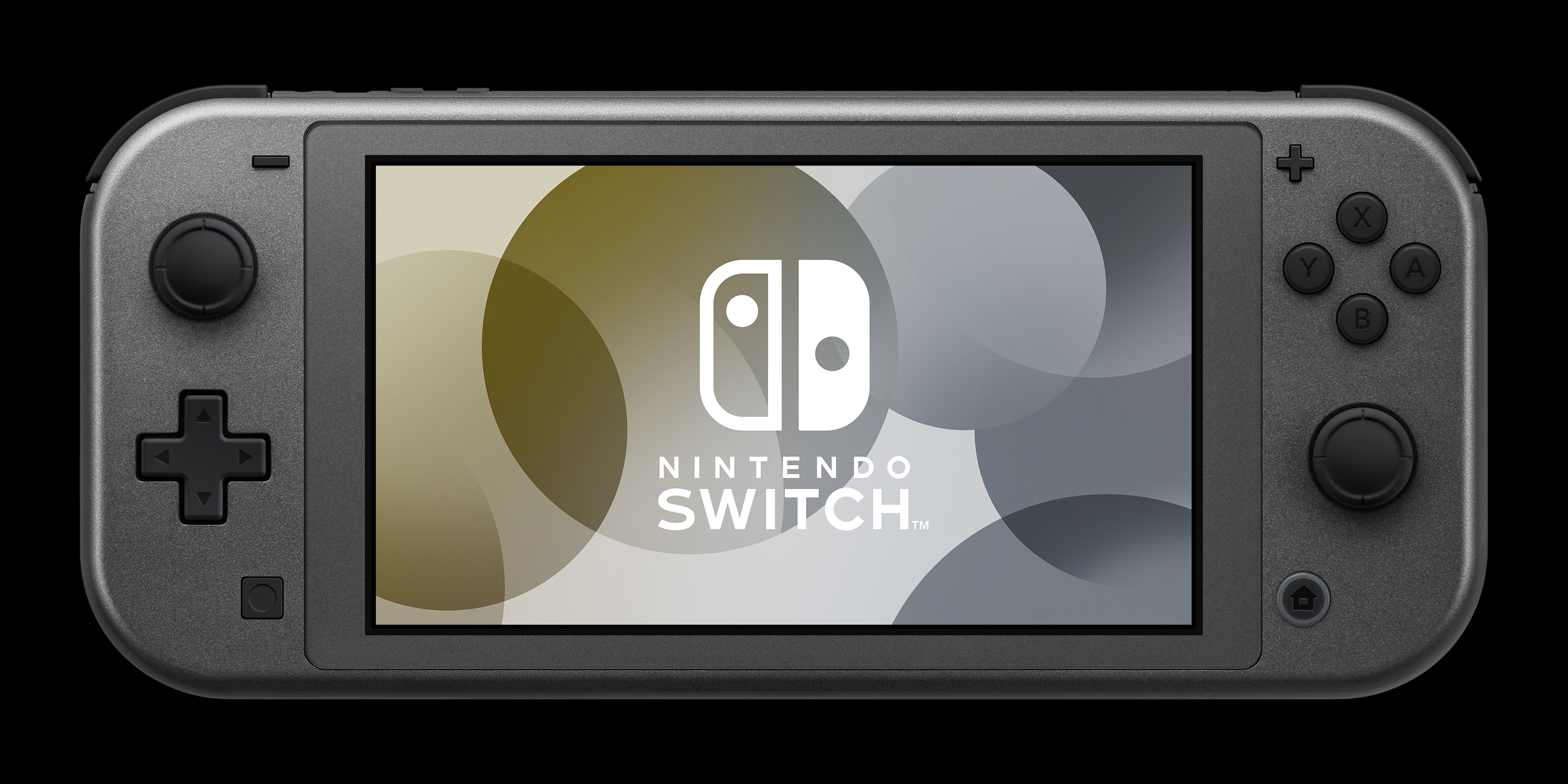 Graue Nintendo Switch Lite Konsole, mit einem Bildschirm, der das Nintendo Switch Logo zeigt.