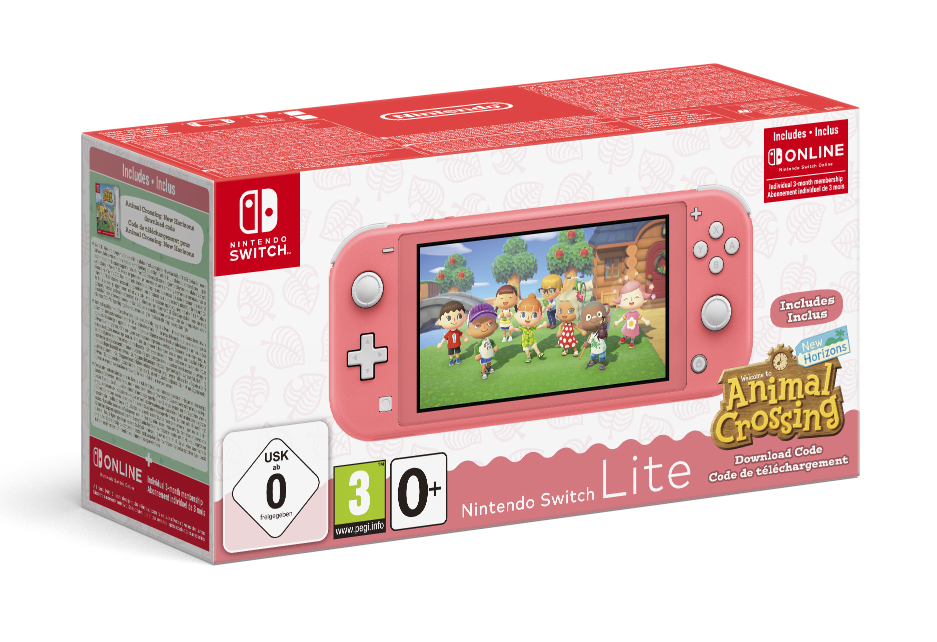 Pinke Nintendo Switch Lite Box. Spiel auf dem Bildschirm. Weißer Hintergrund.
