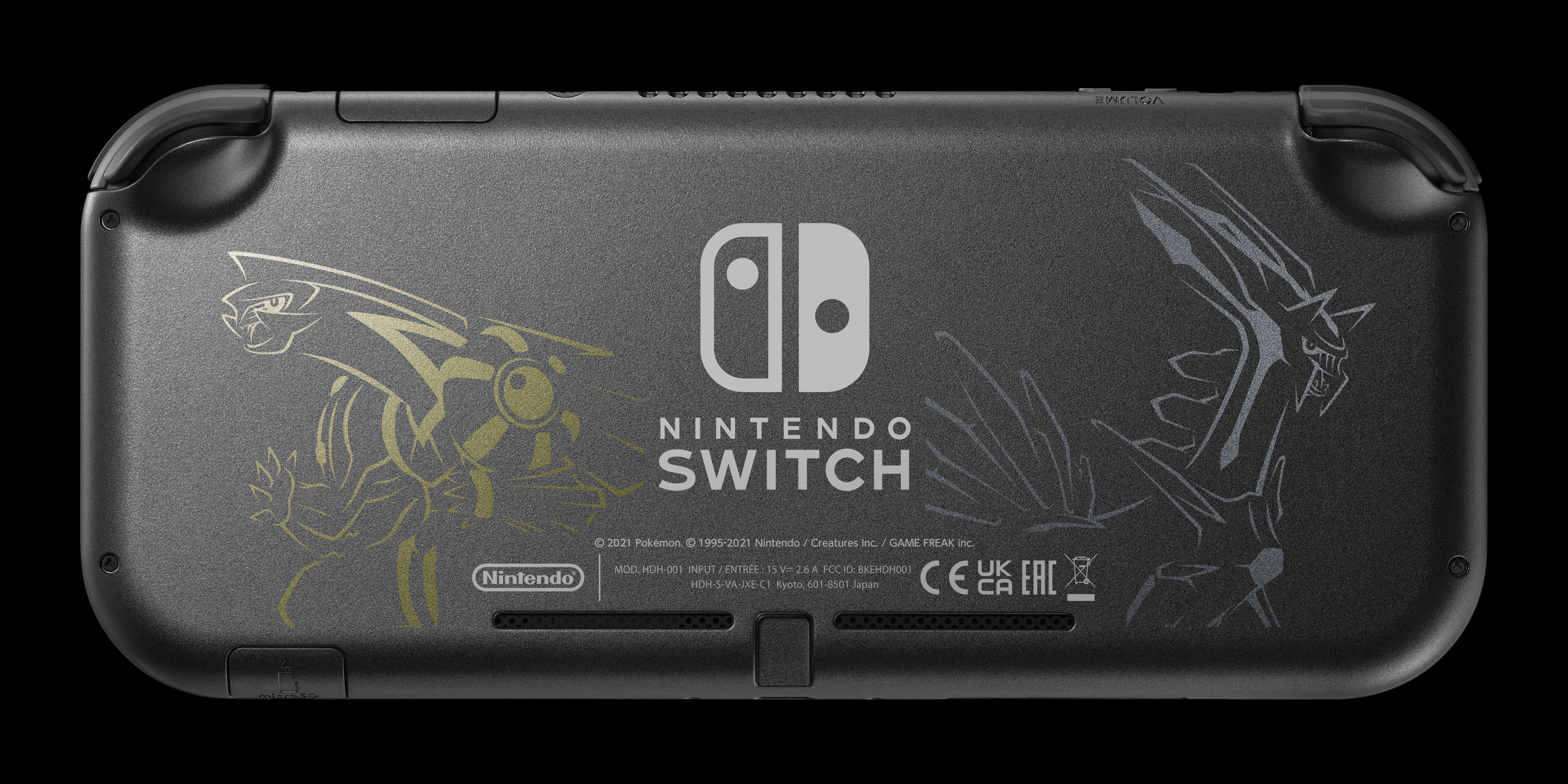 Eine schwarze Nintendo Switch Lite Konsole. Die Rückseite hat ein Design mit zwei Figuren.