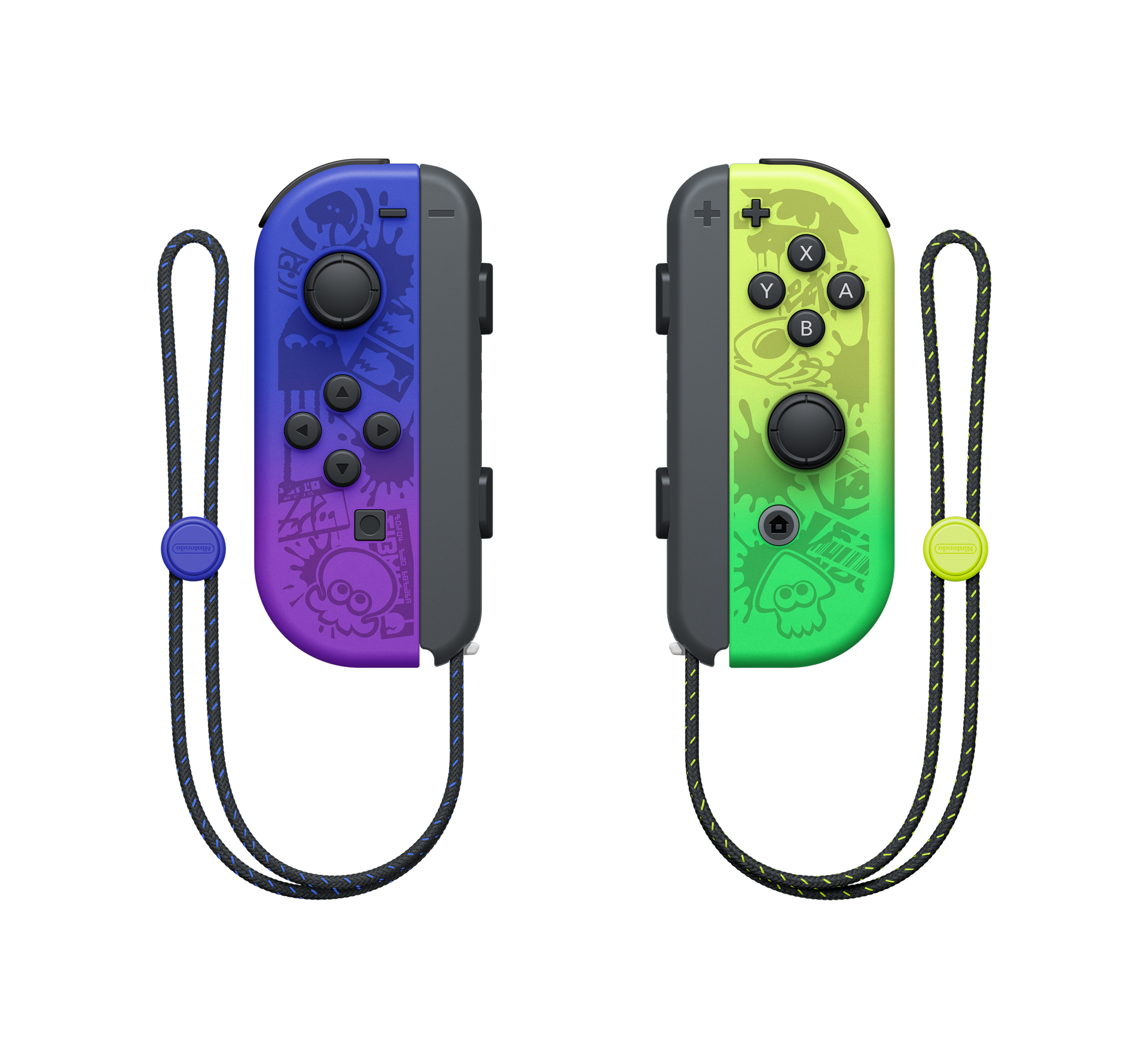 Zwei Nintendo Switch Joy-Con-Controller, einer blau/lila, einer grün/gelb, mit Handschlaufen.