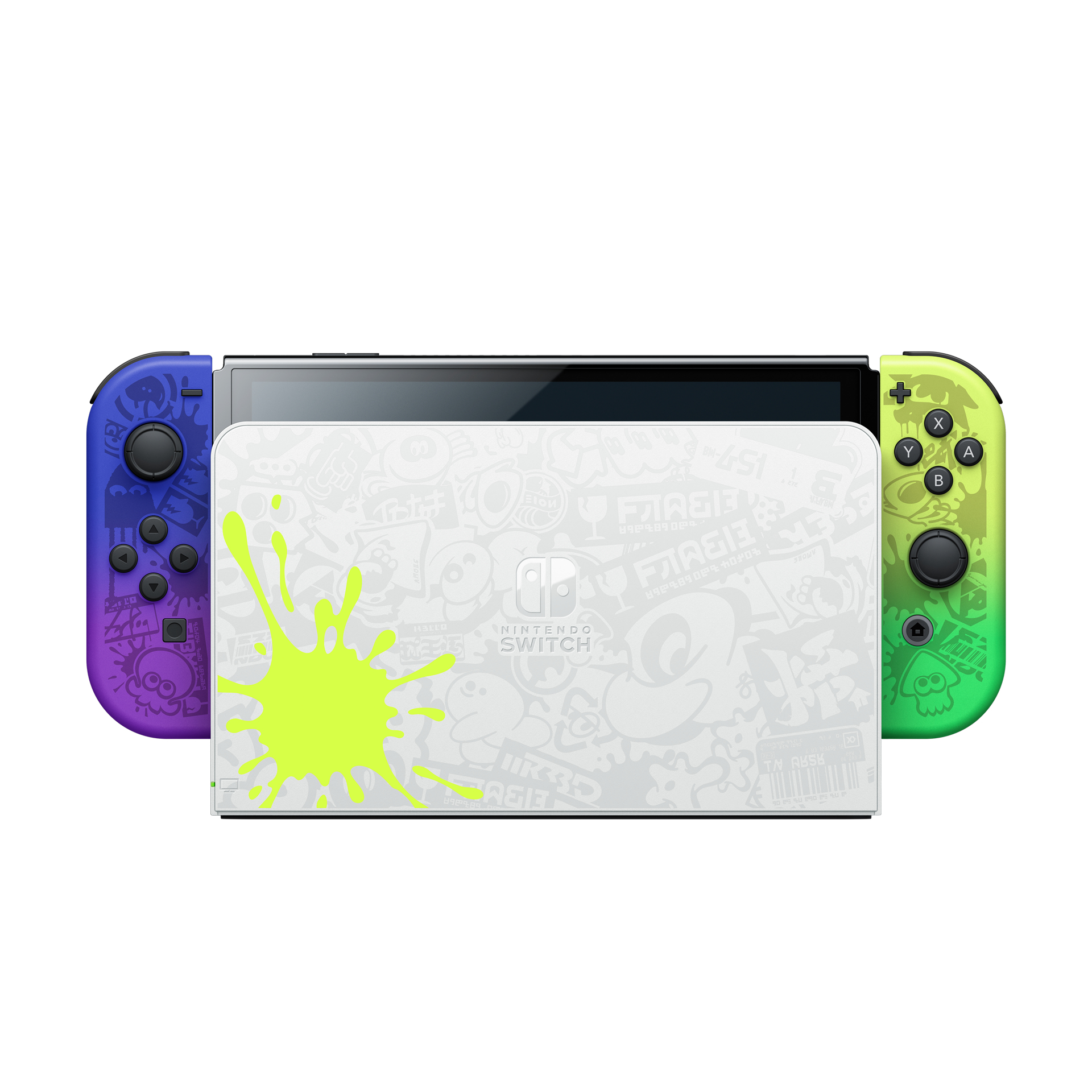 Nintendo Switch-Konsole mit bunten Joy-Cons und weißer Zentraleinheit.