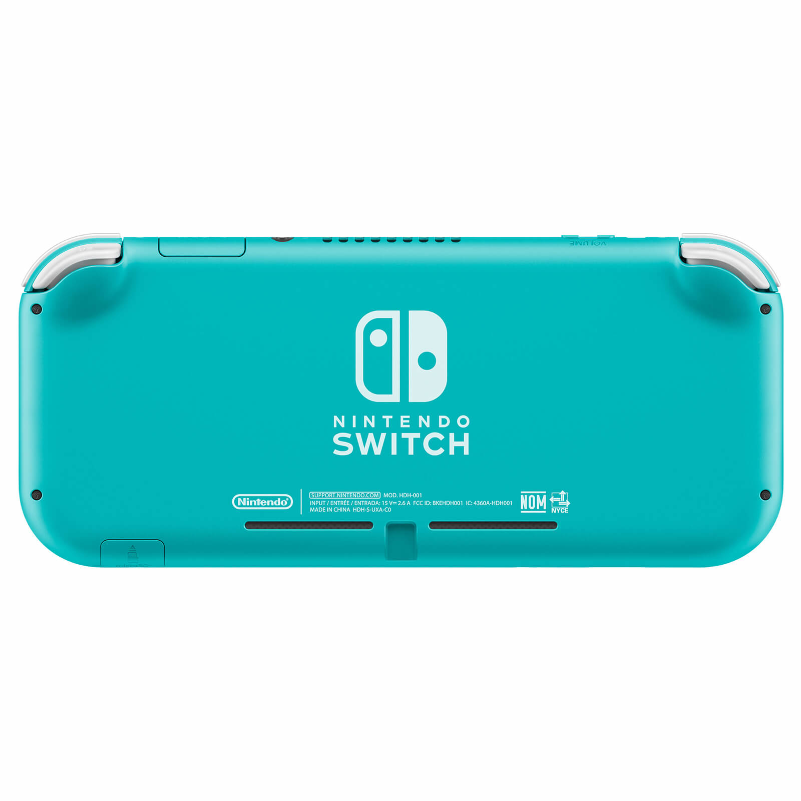 Türkisfarbene Nintendo Switch Lite Konsole, Rückansicht, mit Knöpfen und Logos.