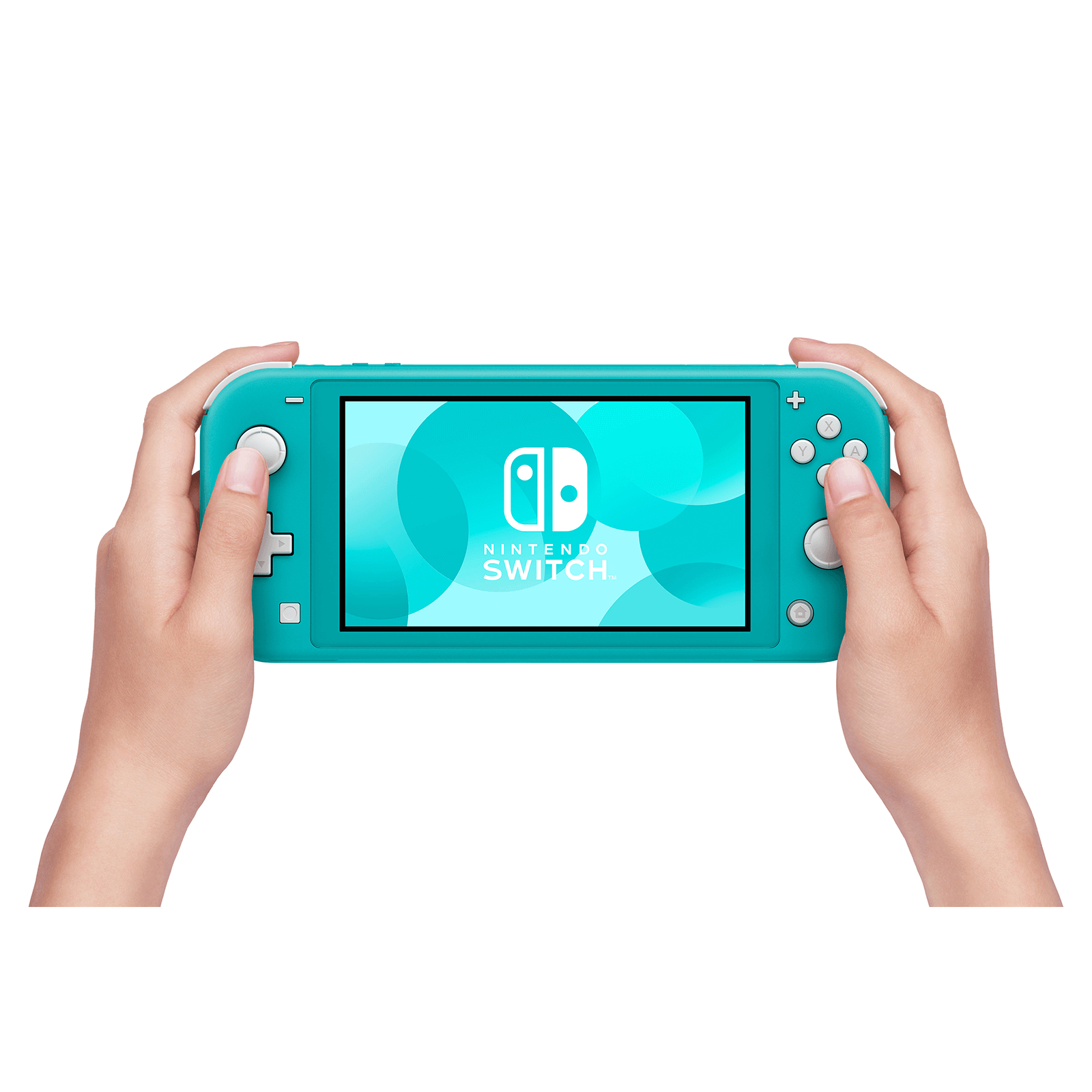 Eine Person hält einen türkisblauen Nintendo Switch Lite. Der Bildschirm zeigt das Nintendo Switch Logo.